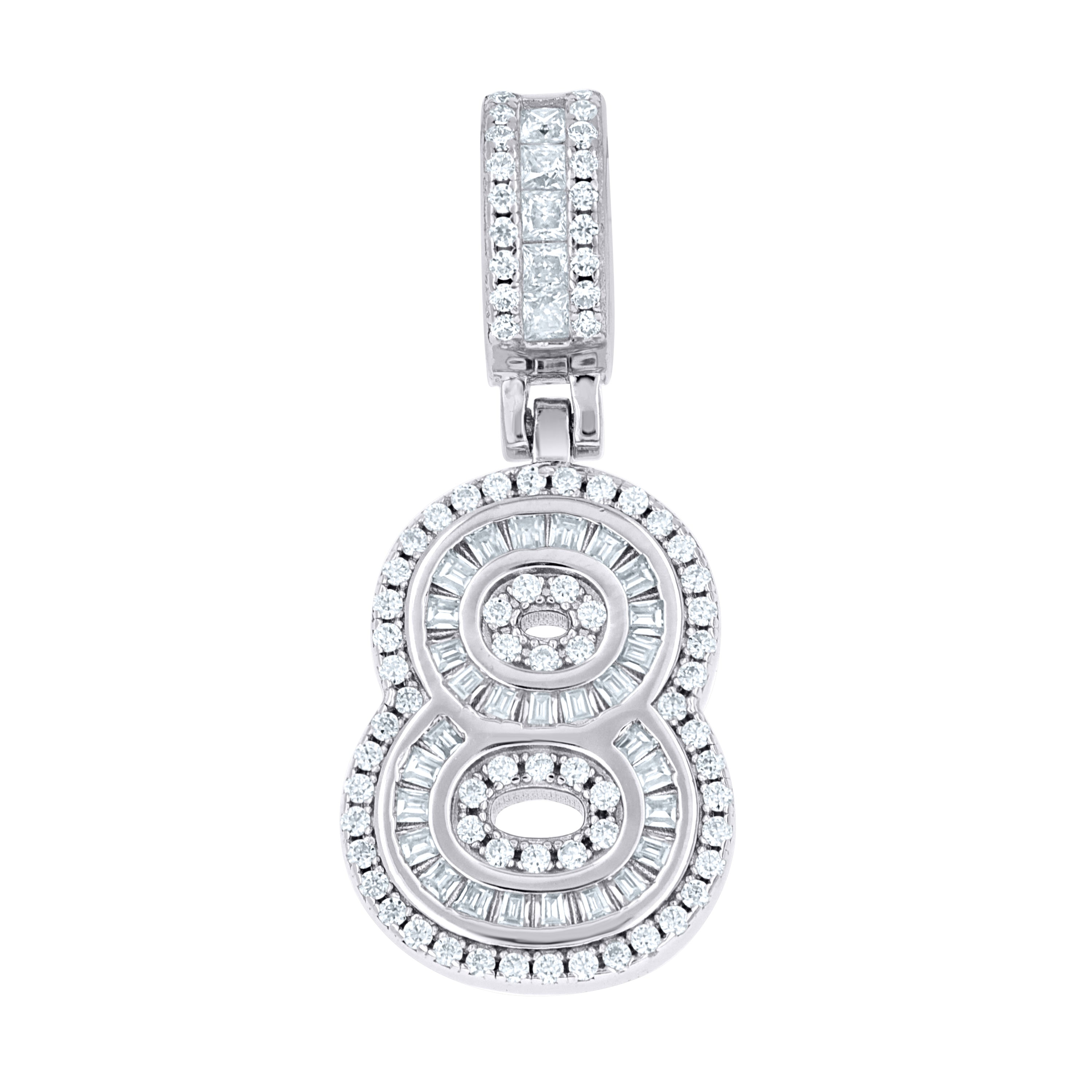 925 Sterling Silver Unisex Round Princess-cut/Baguette Cubic-Zirconia Initial Number 8 Pendant