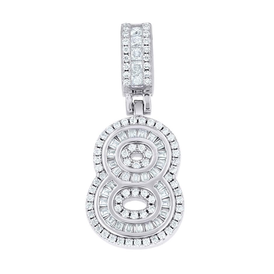 925 Sterling Silver Unisex Round Princess-cut/Baguette Cubic-Zirconia Initial Number 8 Pendant