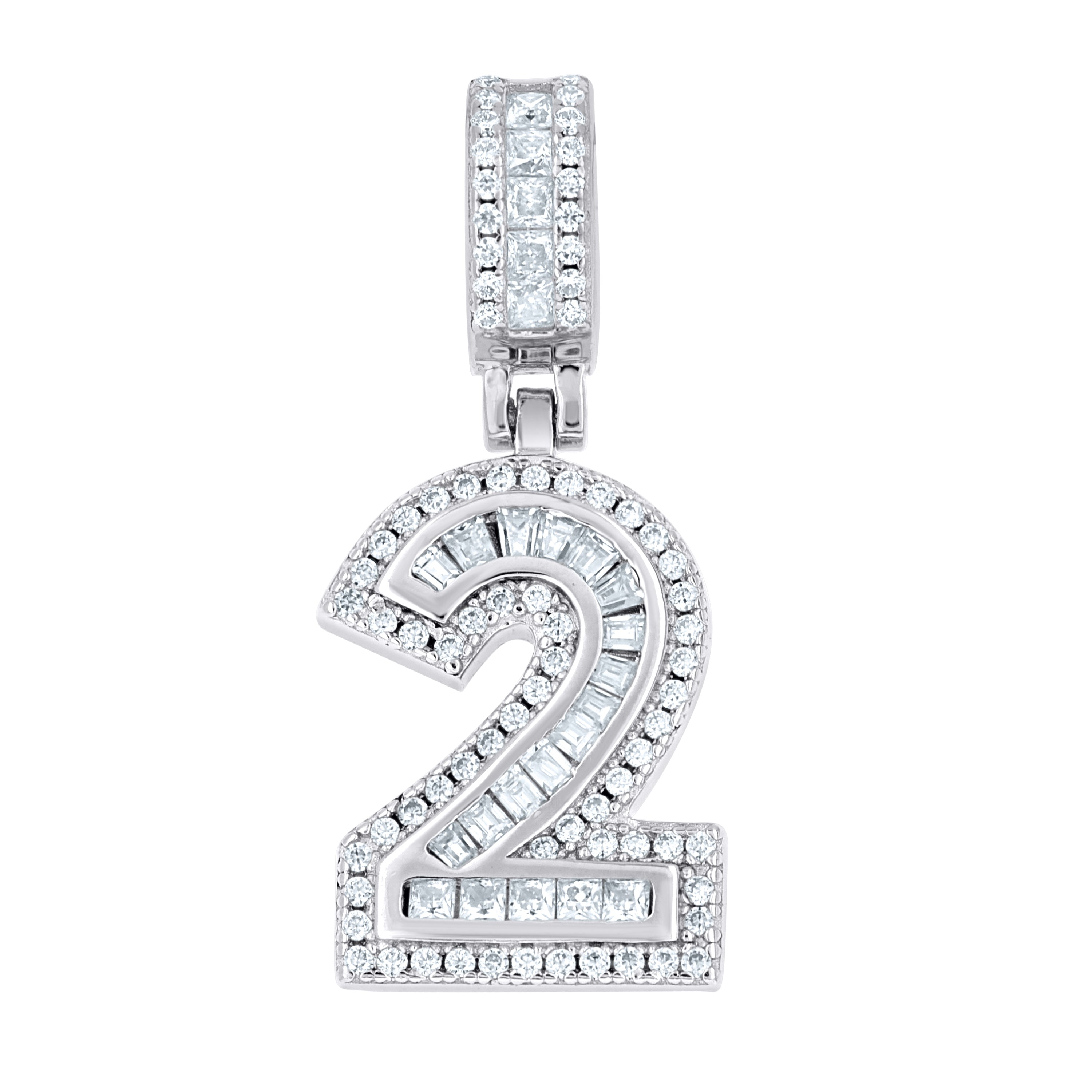 925 Sterling Silver Round Baguette 0.39ct, 0.48ct Moissanite Initial Number 2 Charm Pendant