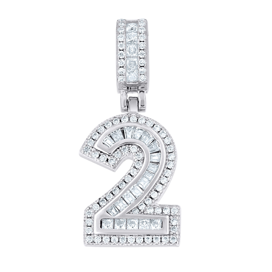 925 Sterling Silver Round Baguette 0.39ct, 0.48ct Moissanite Initial Number 2 Charm Pendant