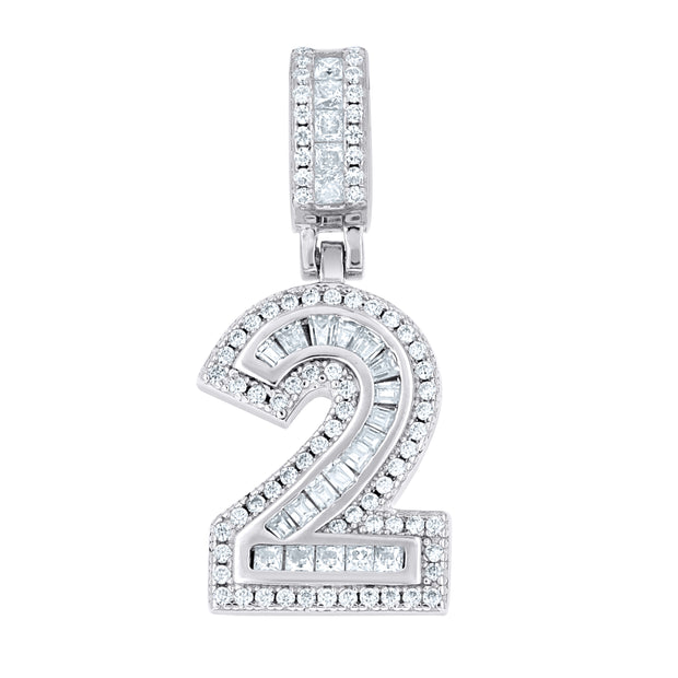 925 Sterling Silver Round Baguette 0.39ct, 0.48ct Moissanite Initial Number 2 Charm Pendant
