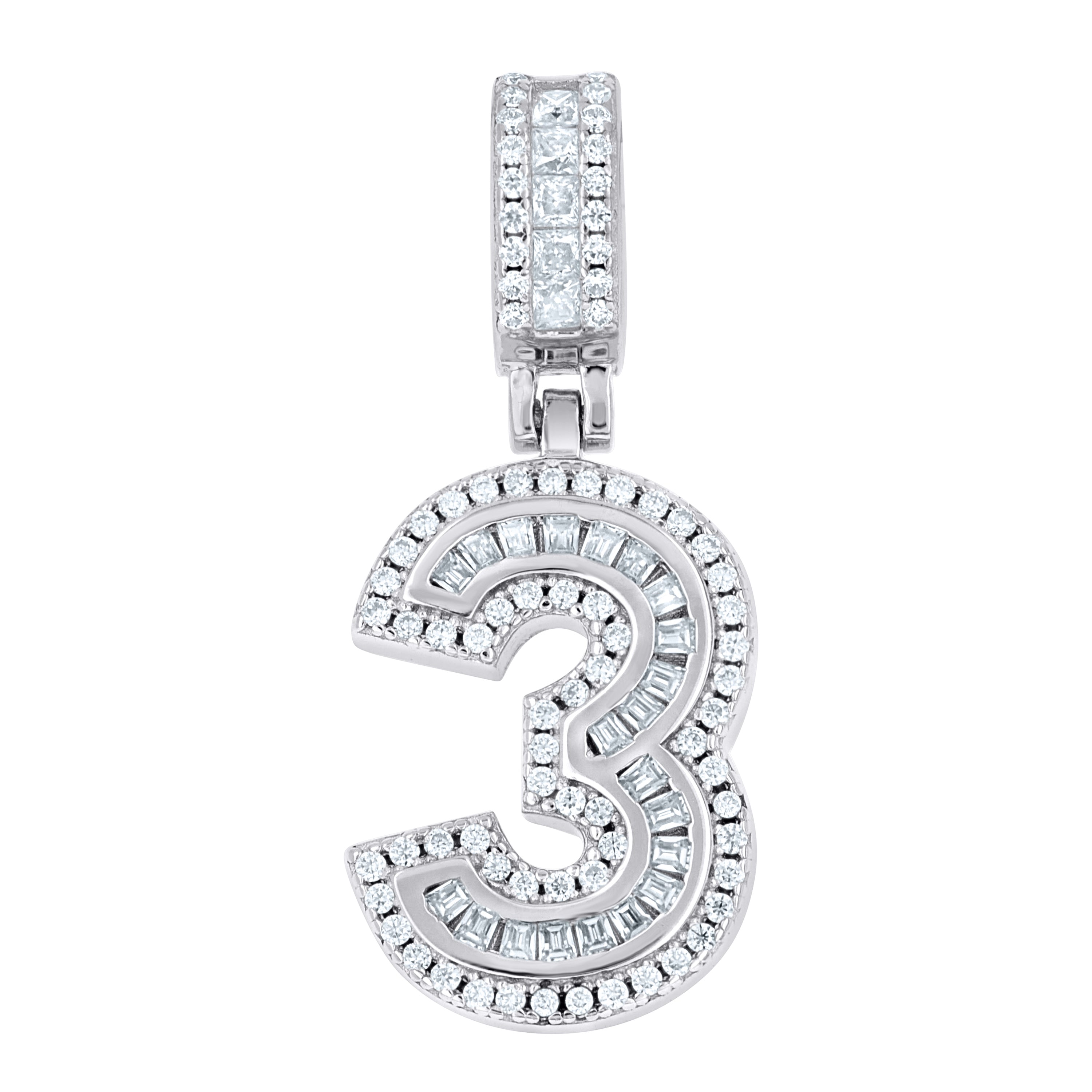 925 Sterling Silver Round Baguette 0.40ct, 0.51ct Moissanite Initial Number 3 Charm Pendant