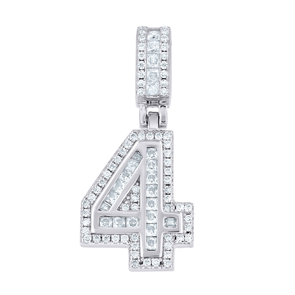 925 Sterling Silver Round Baguette 0.35ct, 0.67ct Moissanite Initial Number 4 Charm Pendant