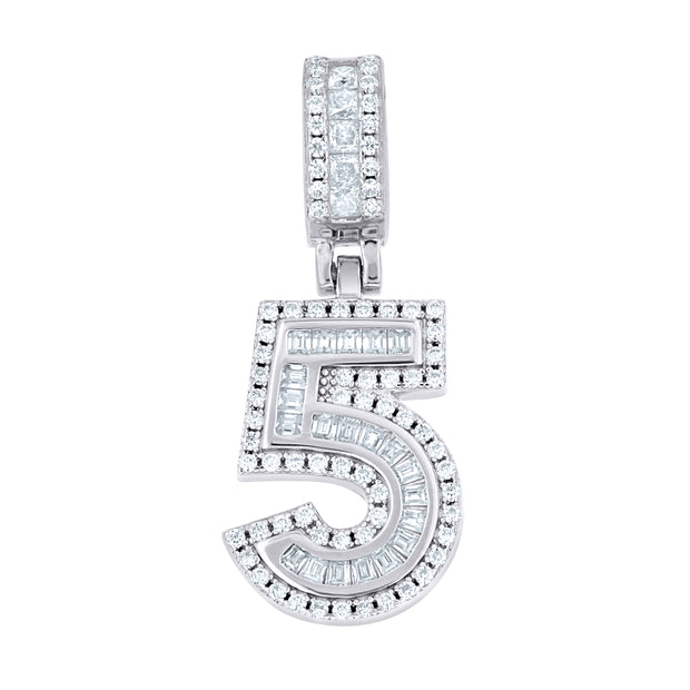 925 Sterling Silver Round Baguette 0.39ct, 0.65ct Moissanite Initial Number 5 Charm Pendant