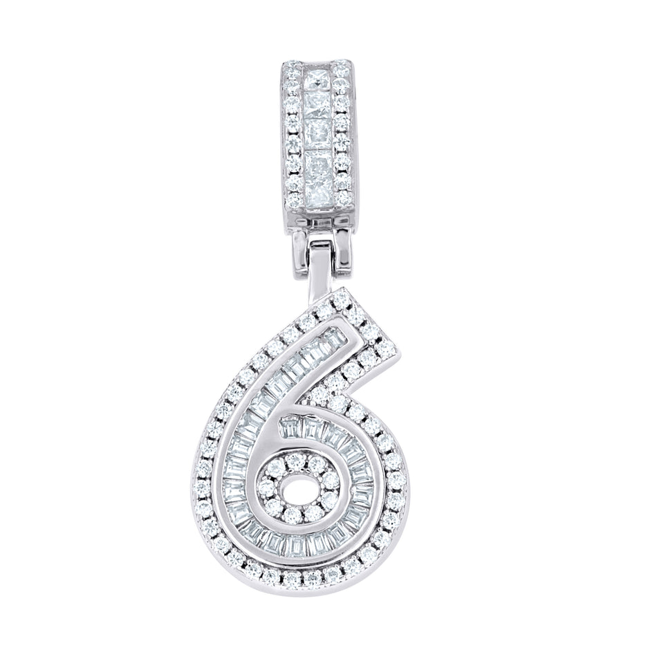 925 Sterling Silver Round Baguette 0.35ct, 0.59ct Moissanite Initial Number 6 Charm Pendant