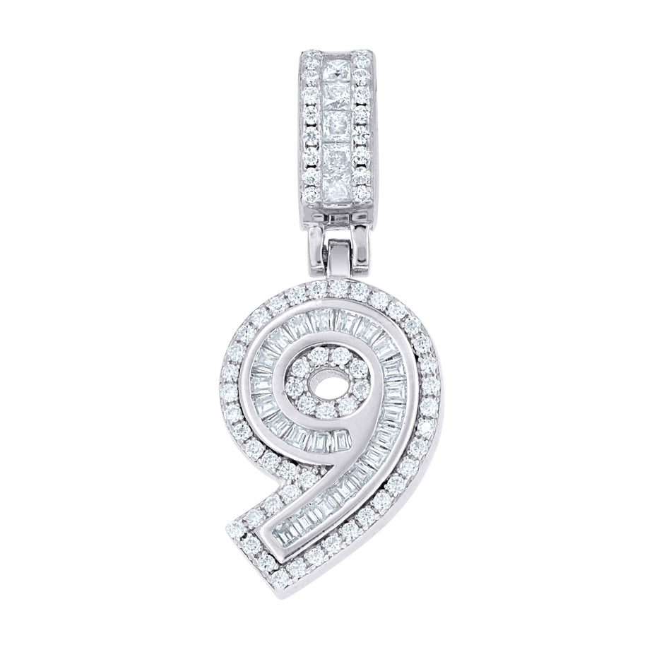 925 Sterling Silver Round Baguette 0.35ct, 0.57ct Moissanite Initial Number 9 Charm Pendant