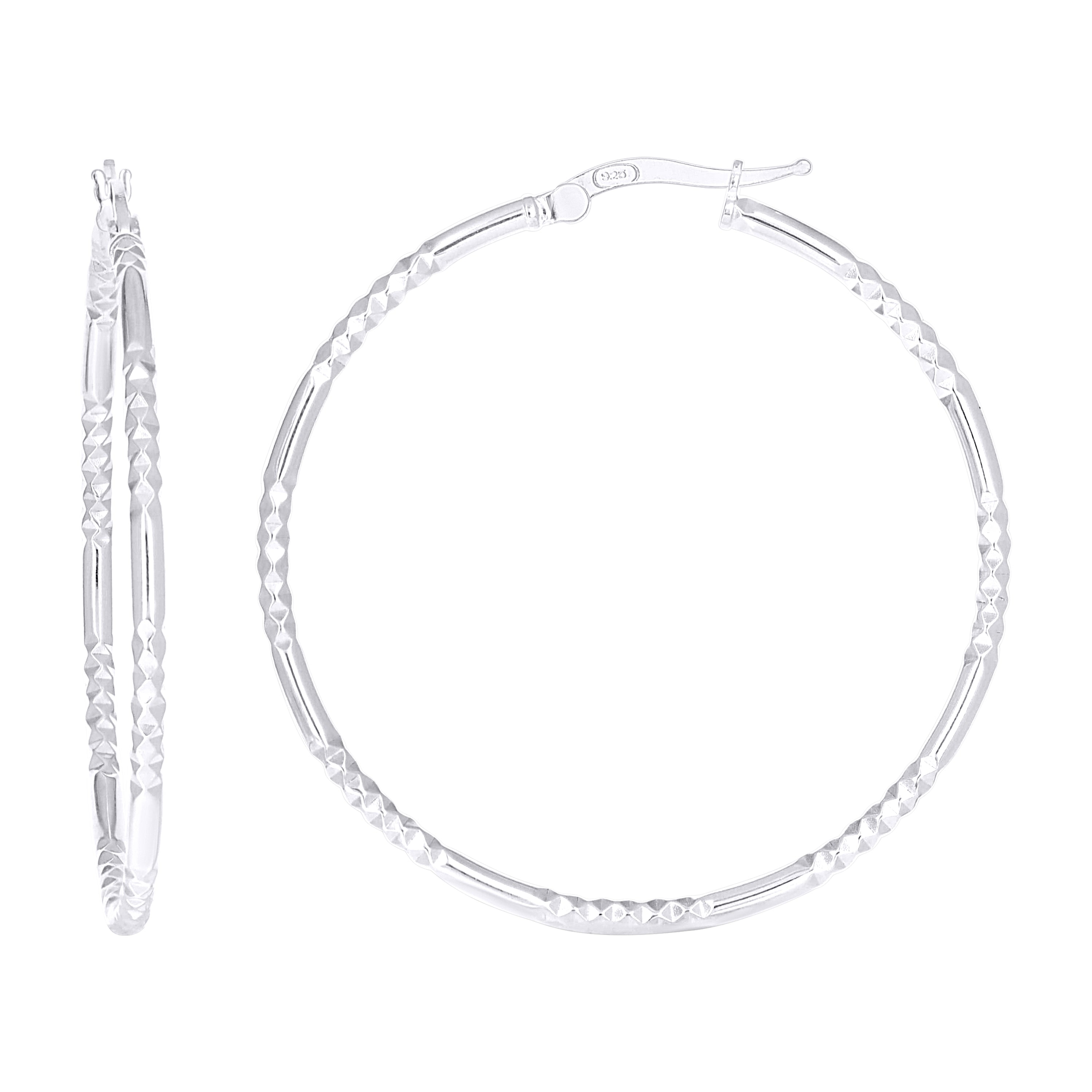 925 Sterling Silver Womens Diamond-Cut Patterned 2mm Round Tube Hoop Earrings  - SLV-148644