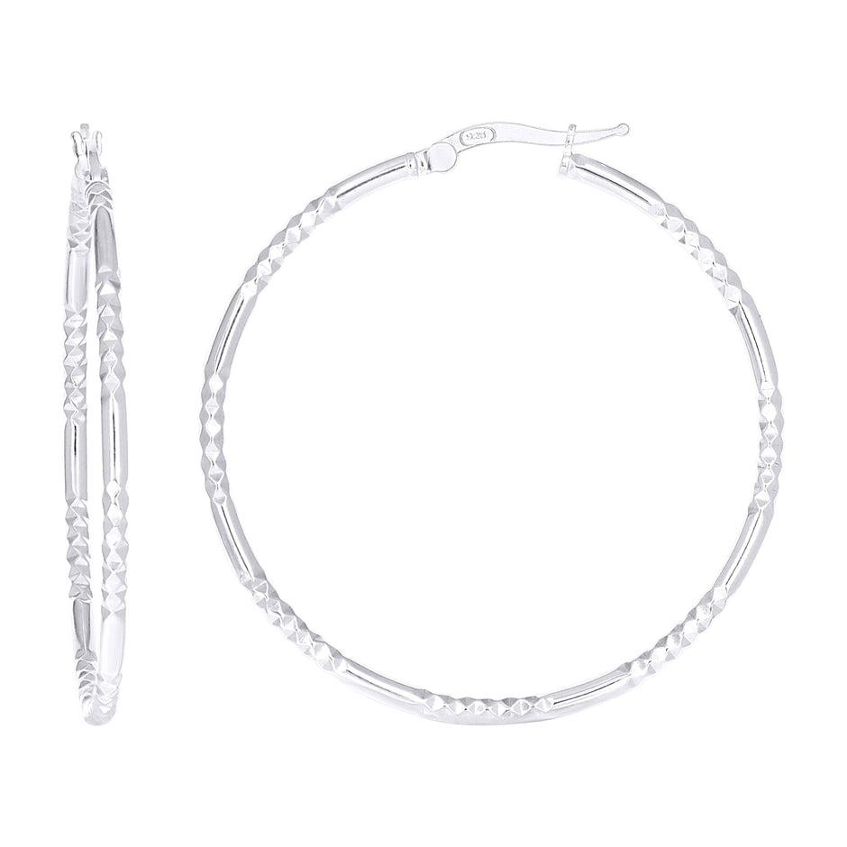 925 Sterling Silver Womens Diamond-Cut Patterned 2mm Round Tube Hoop Earrings  - SLV-148644