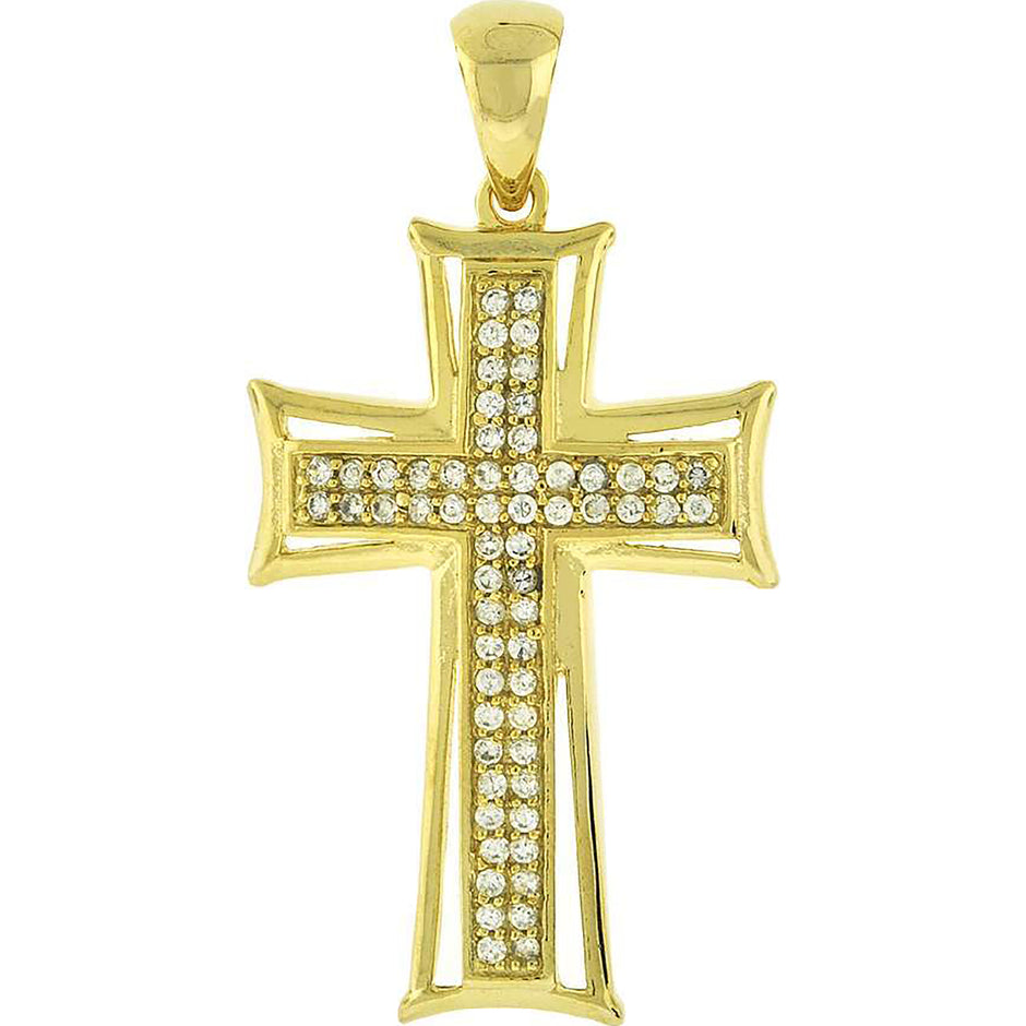 925 Sterling Silver Yellow-Tone Unisex Cz Cross Religious Charm Pendant