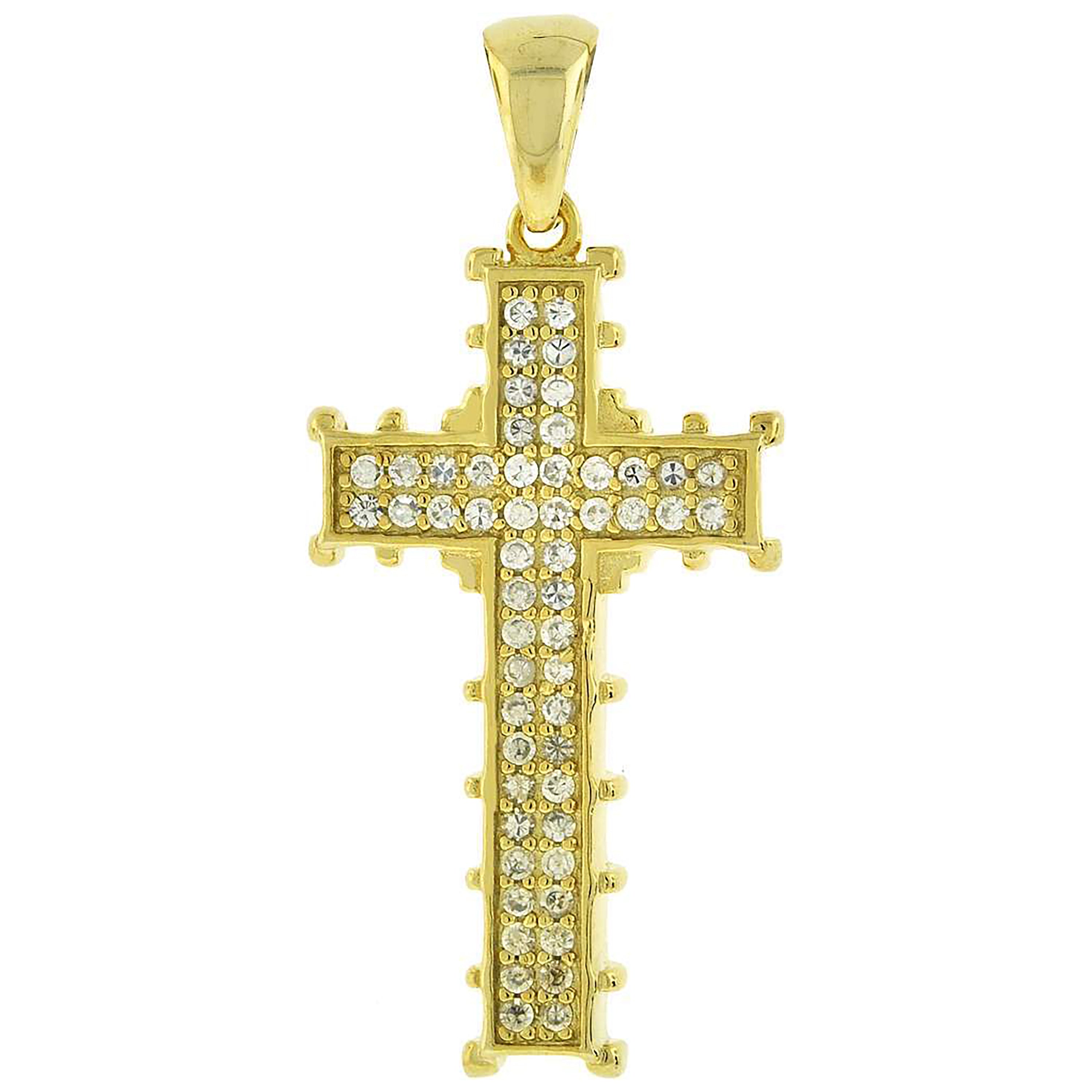 925 Sterling Silver Yellow-Tone Unisex Cz Cross Religious Charm Pendant