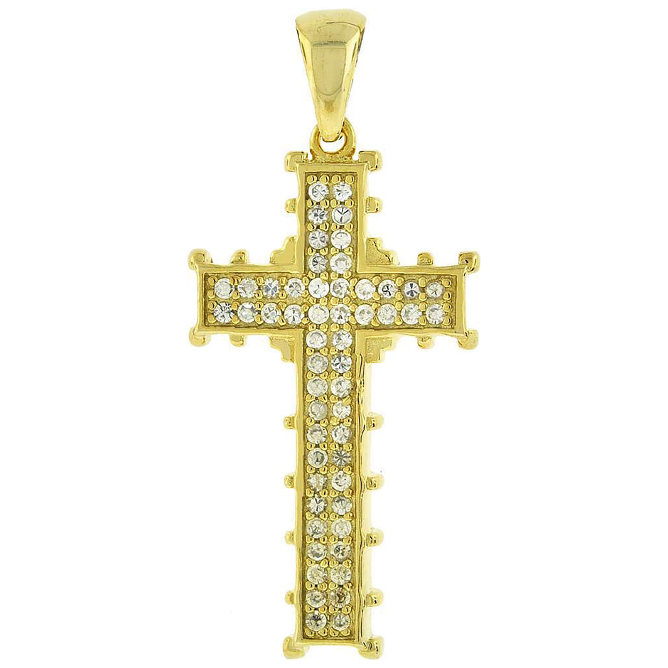 925 Sterling Silver Yellow-Tone Unisex Cz Cross Religious Charm Pendant