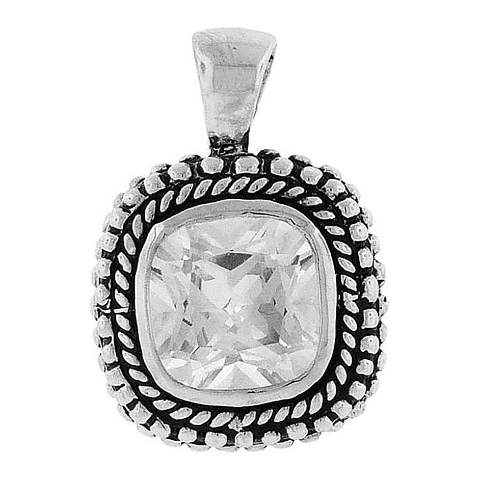 925 Sterling Silver Womens Cubic Zirconia Square Antiqued Fashion Charm Pendant