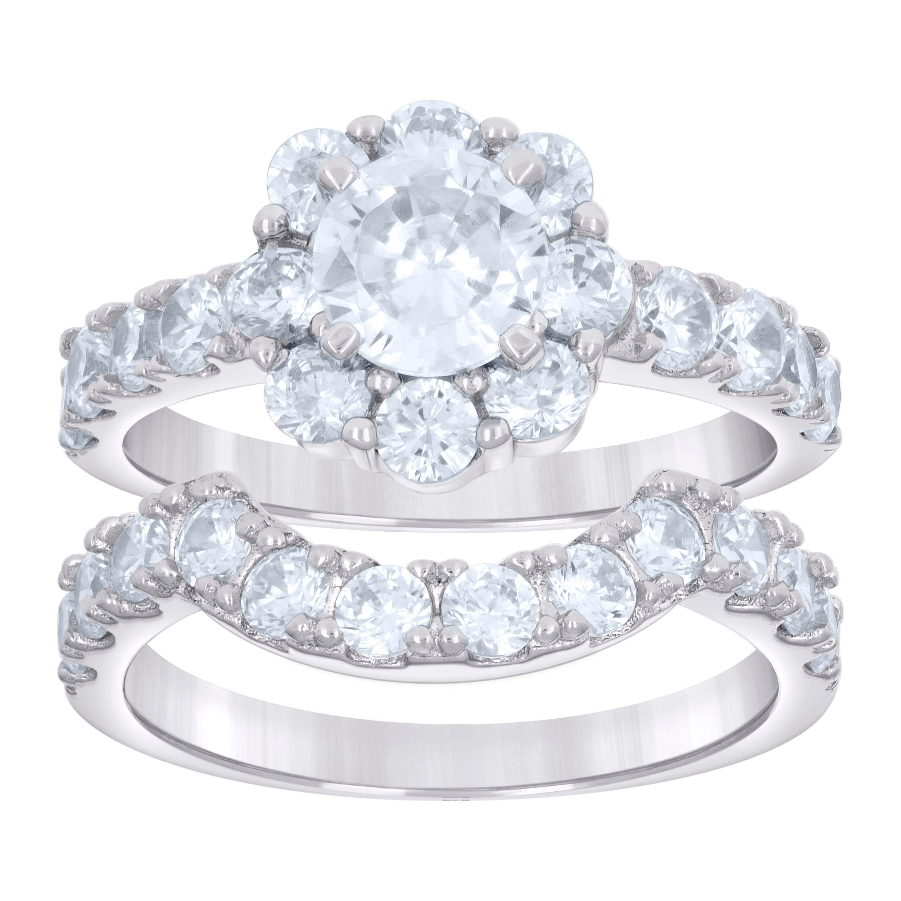 925 Sterling Silver Womens Cubic-Zirconia Flower Duo Ring Set Size 7 - SLV-25515
