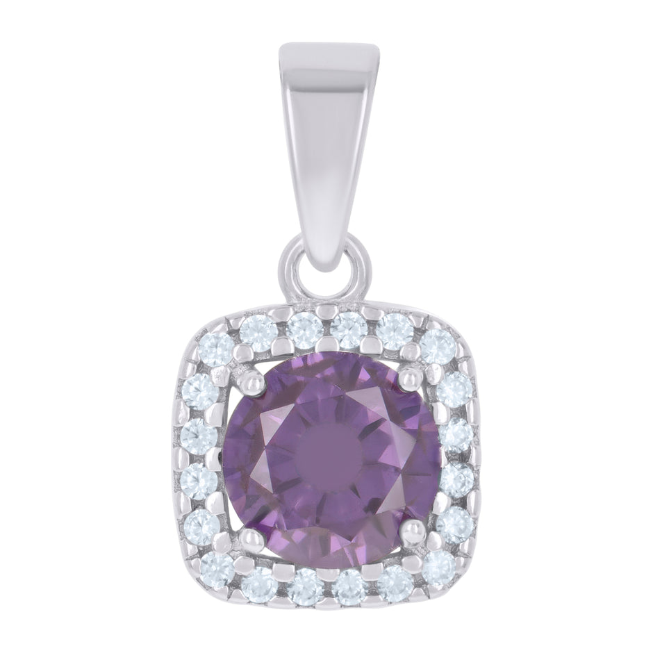 925 Sterling Silver Womens Purple Cubic Zirconia Fashion Square Charm Pendant