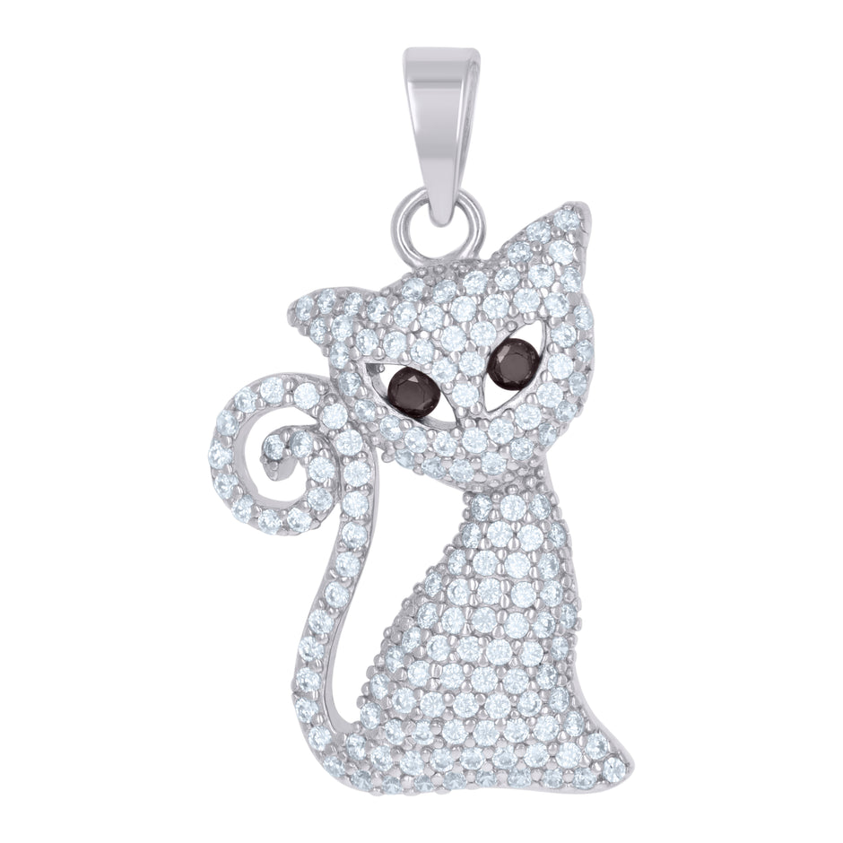 925 Sterling Silver Womens Black Cubic Zirconia Animal Cat Charm Pendant