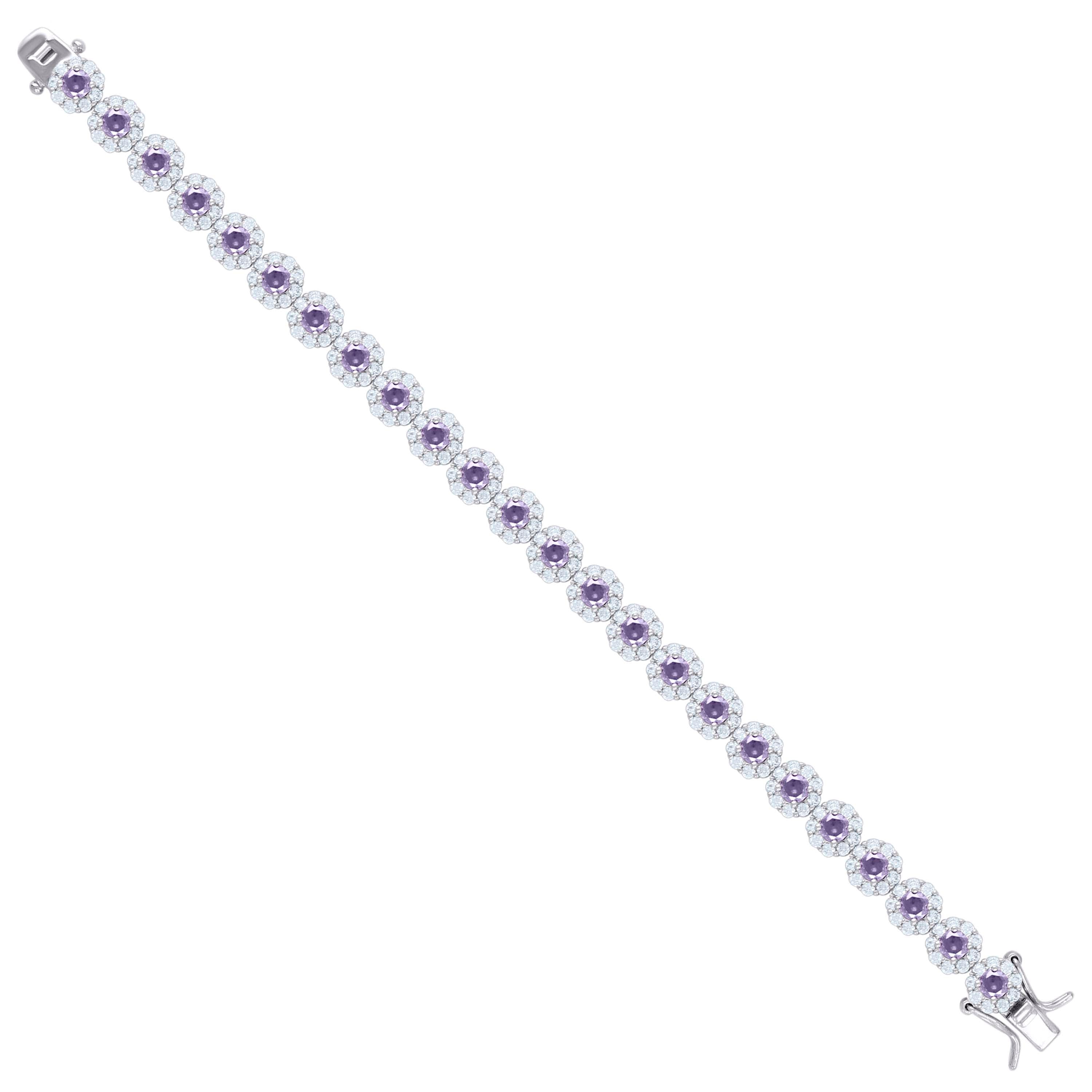 925 Sterling Silver Womens Purple & White Cubic Zirconia Fancy Tennis Flower Bracelet Size 8 Inches