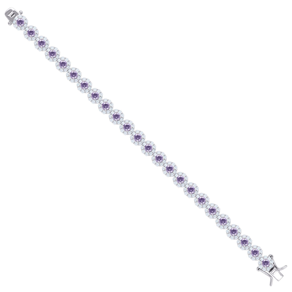 925 Sterling Silver Womens Purple & White Cubic Zirconia Fancy Tennis Flower Bracelet Size 8 Inches