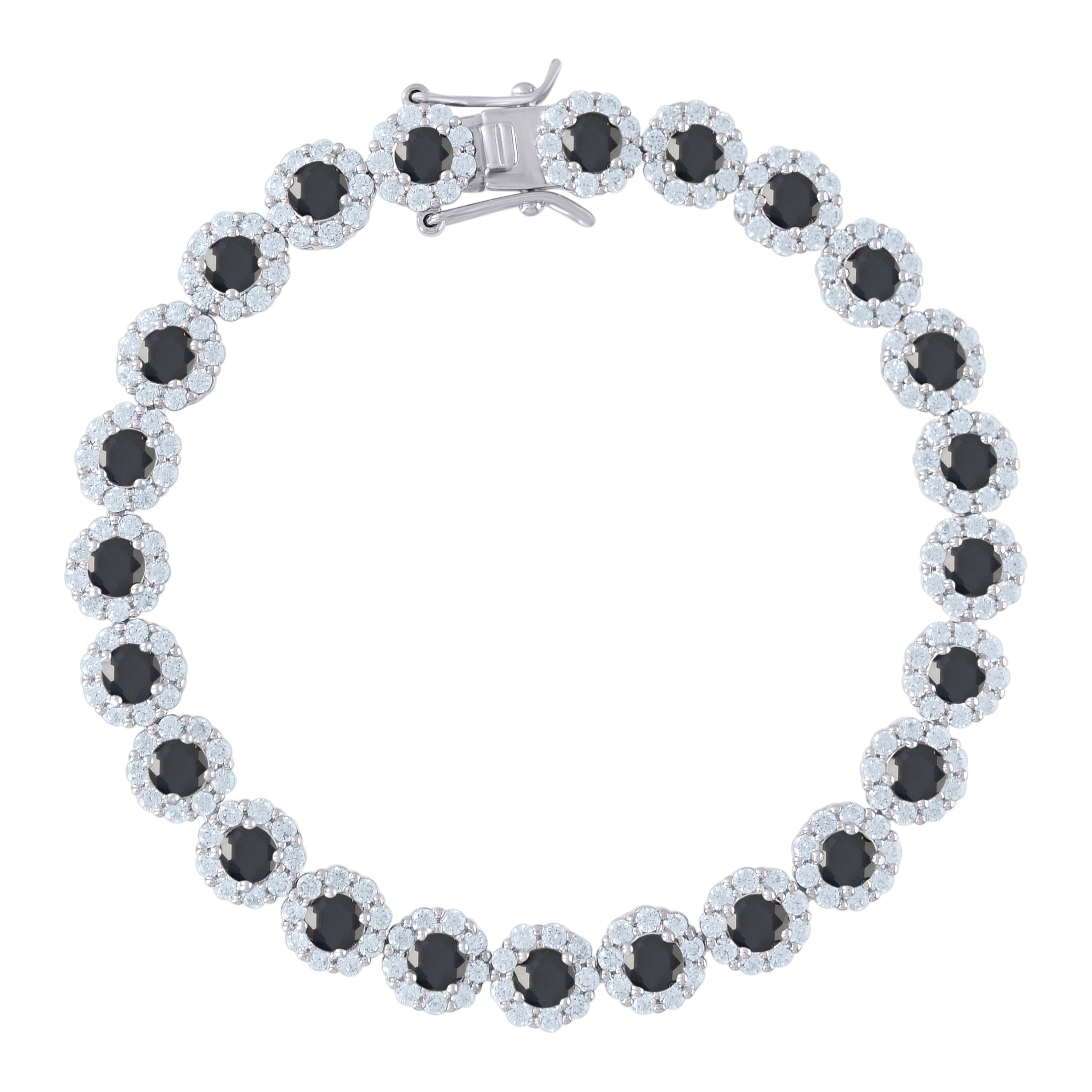 925 Sterling Silver Womens Black & White Cubic Zirconia Fancy Tennis Flower Bracelet Size 8 Inches
