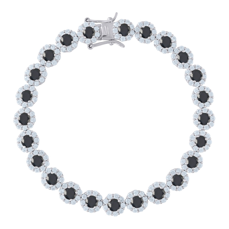 925 Sterling Silver Womens Black & White Cubic Zirconia Fancy Tennis Flower Bracelet Size 8 Inches