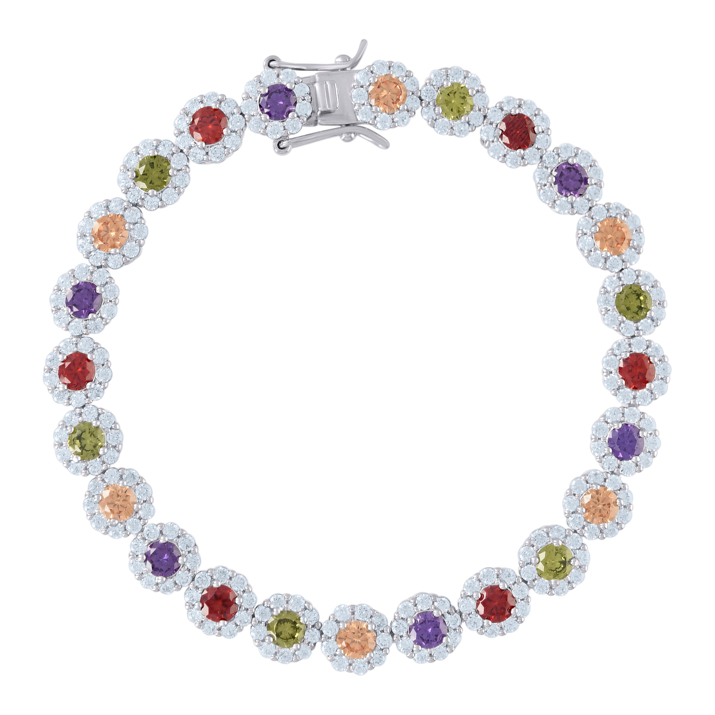 925 Sterling Silver Womens Multi-Color Cubic Zirconia Fancy Tennis Flower Bracelet Size 8 Inches
