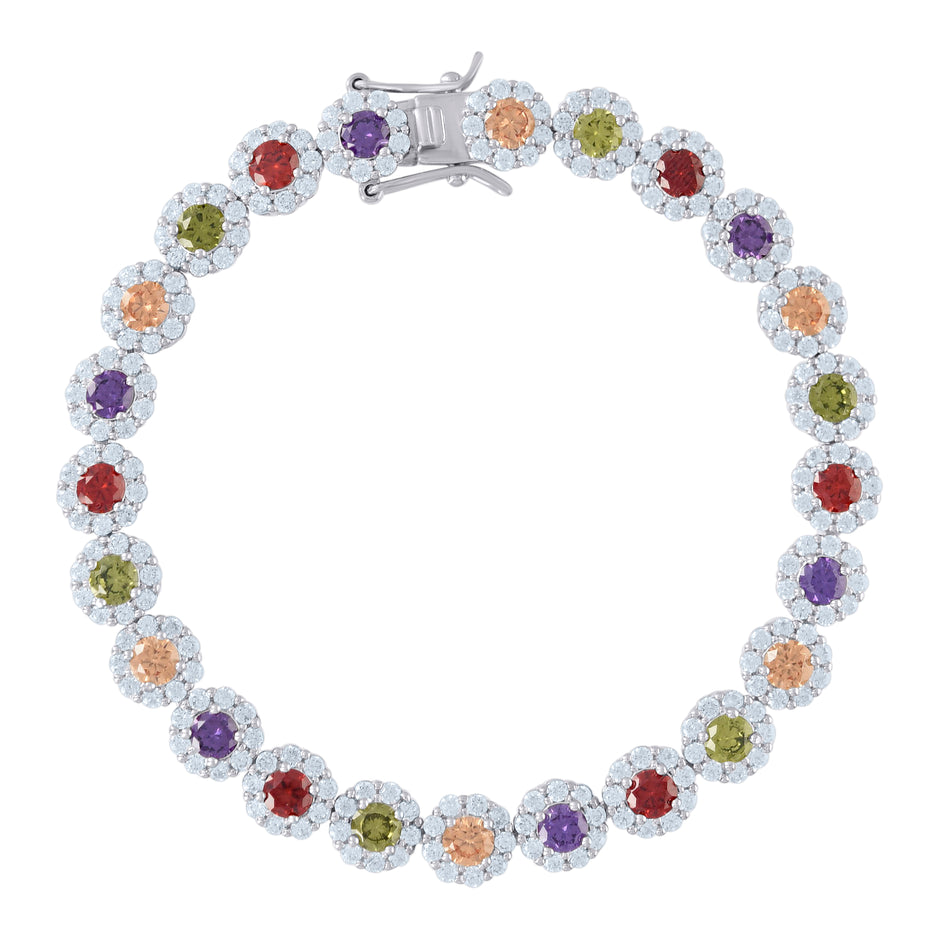 925 Sterling Silver Womens Multi-Color Cubic Zirconia Fancy Tennis Flower Bracelet Size 8 Inches
