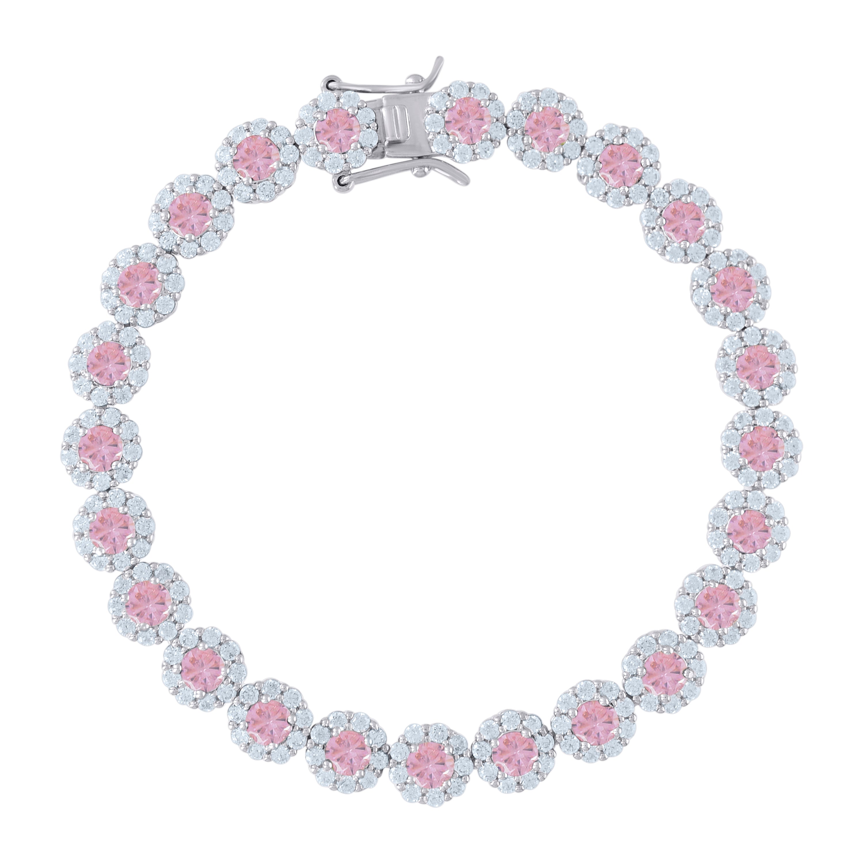 925 Sterling Silver Womens Pink & White Cubic Zirconia Fancy Tennis Flower Bracelet Size 8 Inches
