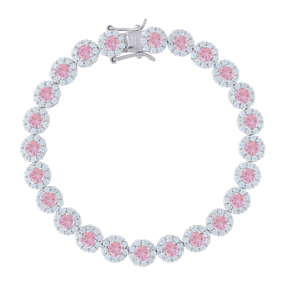 925 Sterling Silver Womens Pink & White Cubic Zirconia Fancy Tennis Flower Bracelet Size 8 Inches