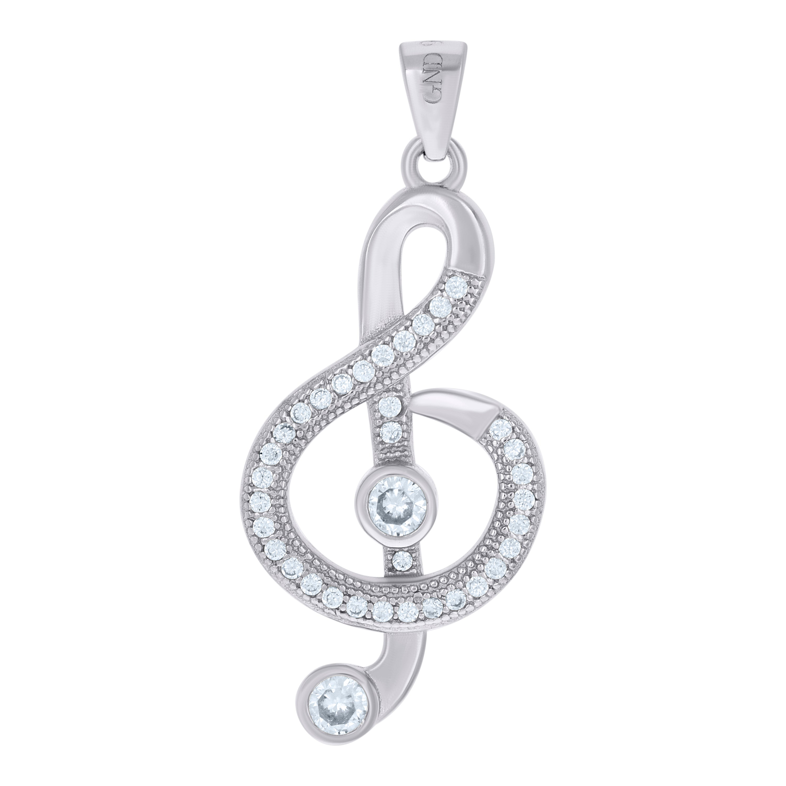 925 Sterling Silver Unisex Cubic Zirconia Note Treble Clef Charm Pendant