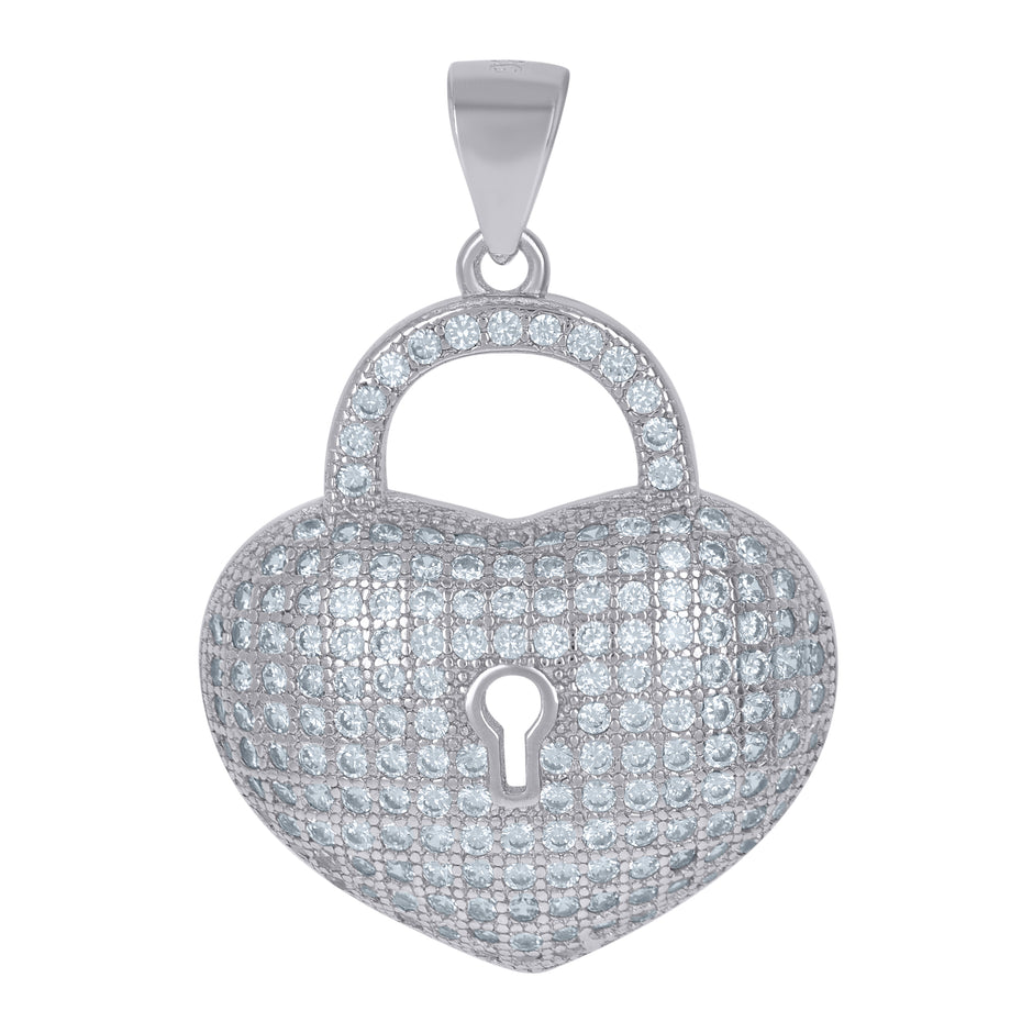925 Sterling Silver Womens Cubic Zirconia Lock Heart Lock Charm Pendant