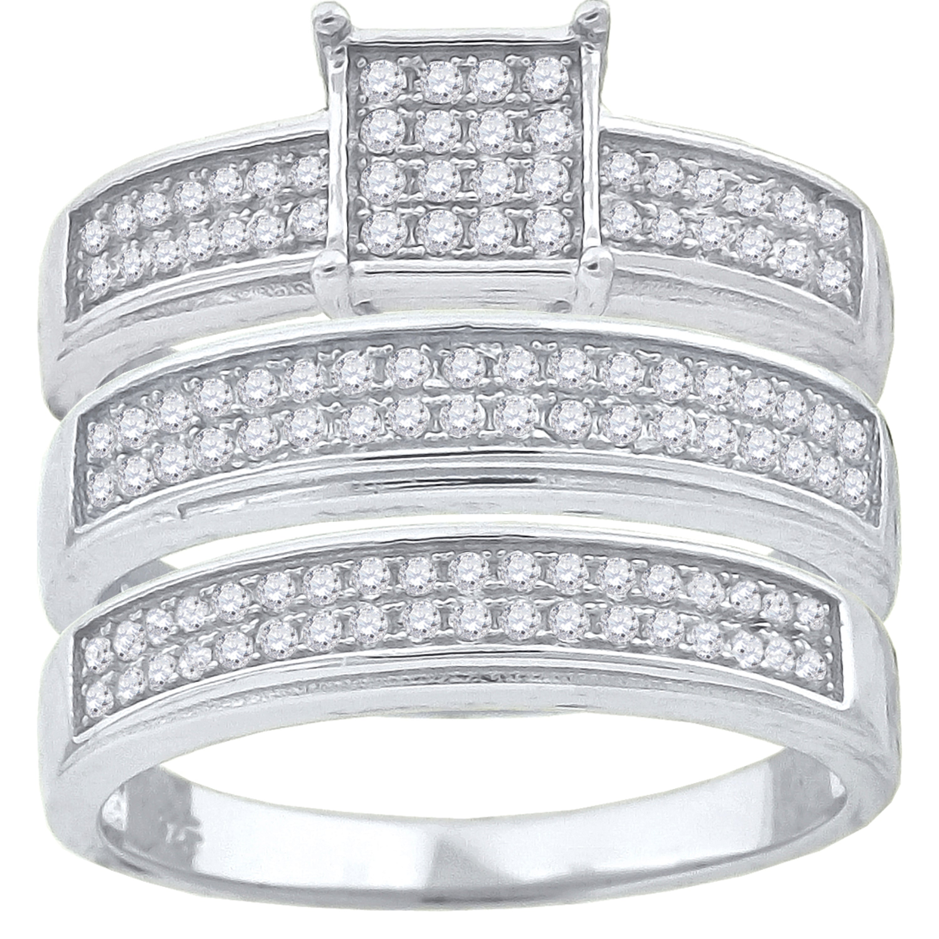 925 Sterling Silver His & Hers Cubic-Zirconia Square Head Trio Ring Set Size 8