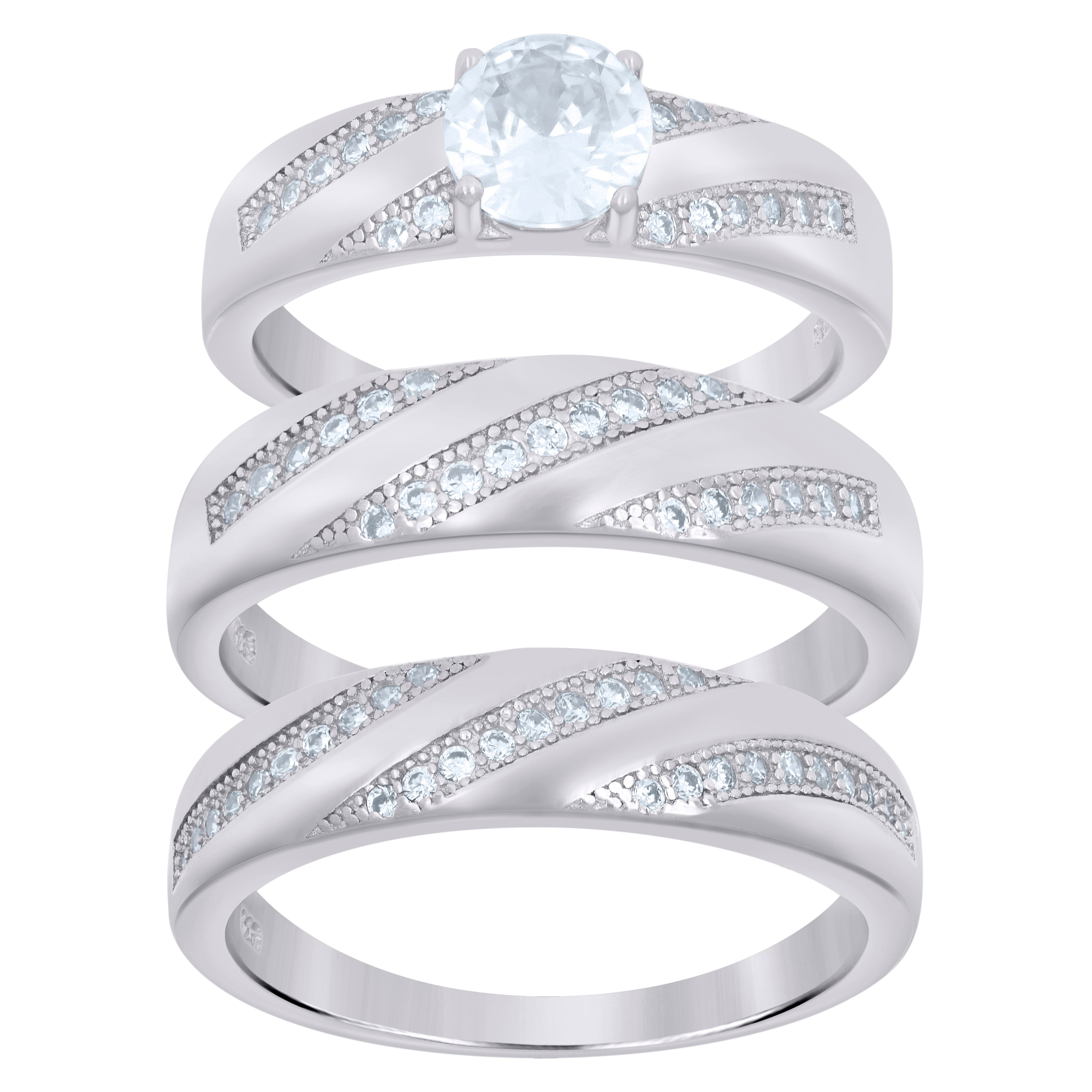 925 Sterling Silver His & Hers Cubic Zirconia Trio Ring Set Size 9 - SLV-42801