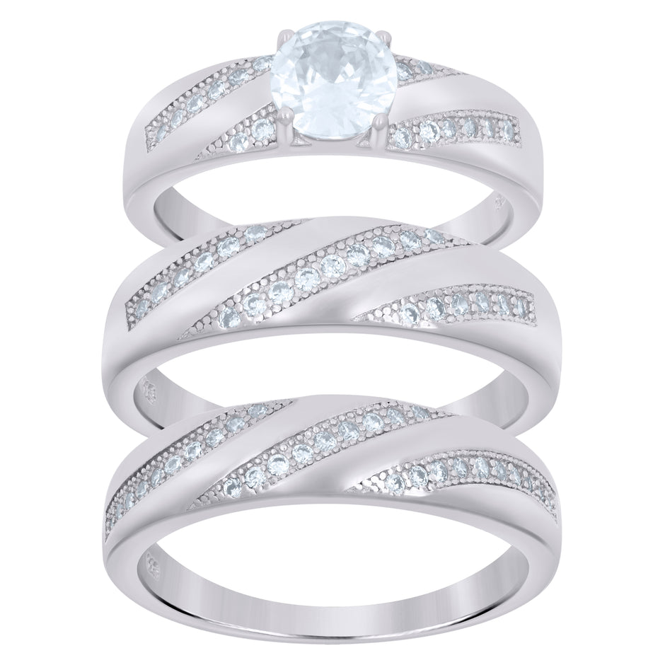 925 Sterling Silver His & Hers Cubic Zirconia Trio Ring Set Size 9 - SLV-42801