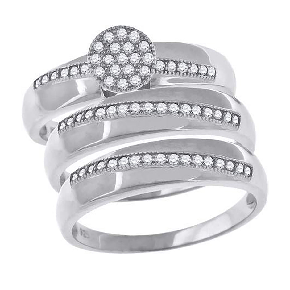 925 Sterling Silver His & Hers Cubic-Zirconia Round Head Trio Ring Set Size 7