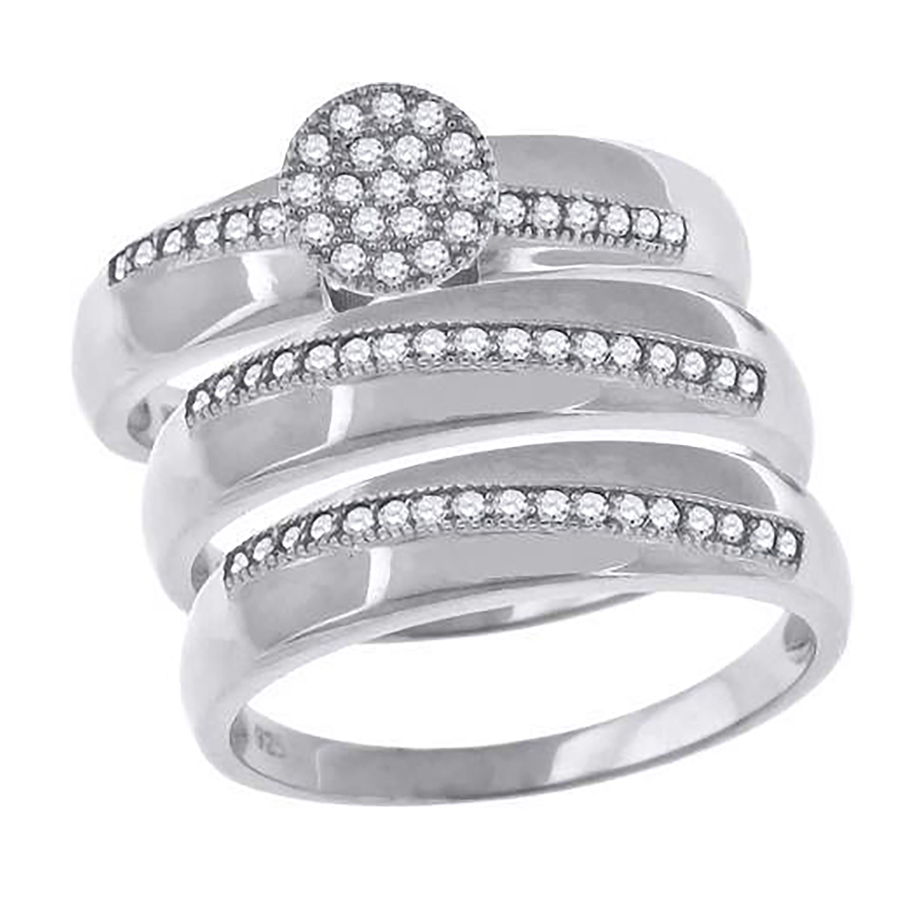 925 Sterling Silver His & Hers Cubic-Zirconia Round Head Trio Ring Set Size 8 - SLV-42482