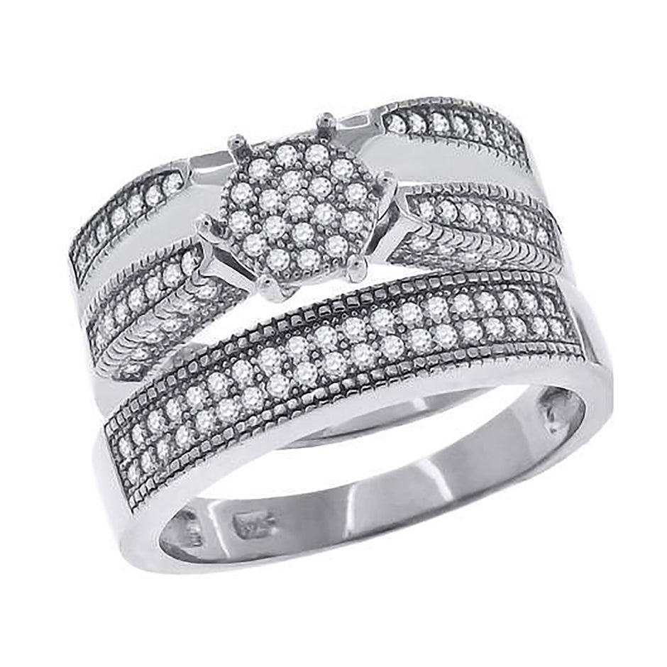 925 Sterling Silver Cubic Zirconia Trio Size-9 Anniversary Wedding Band Engagement Ring - SLV-42789
