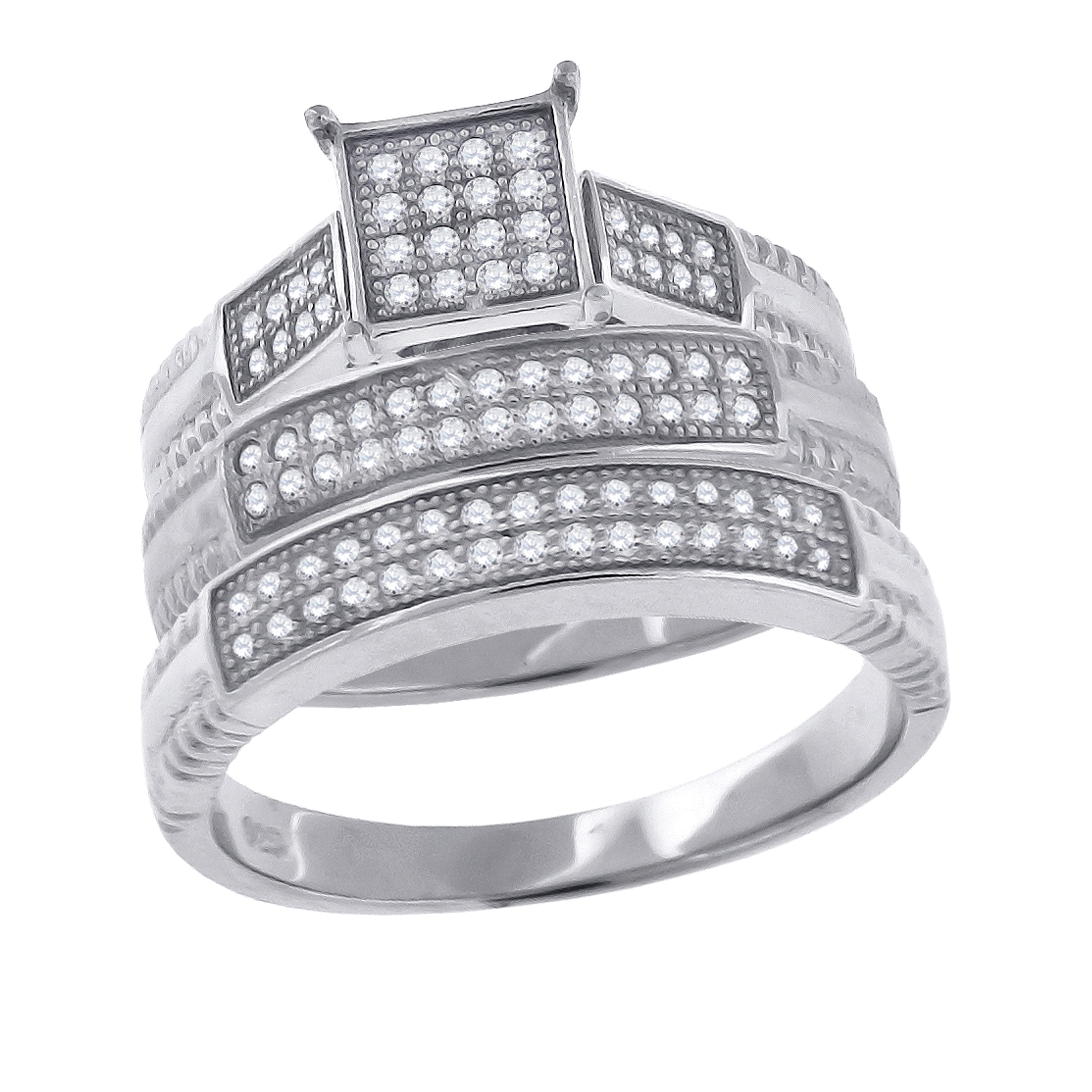 925 Sterling Silver His & Hers Cubic-Zirconia Square Head Trio Ring Set Size 9