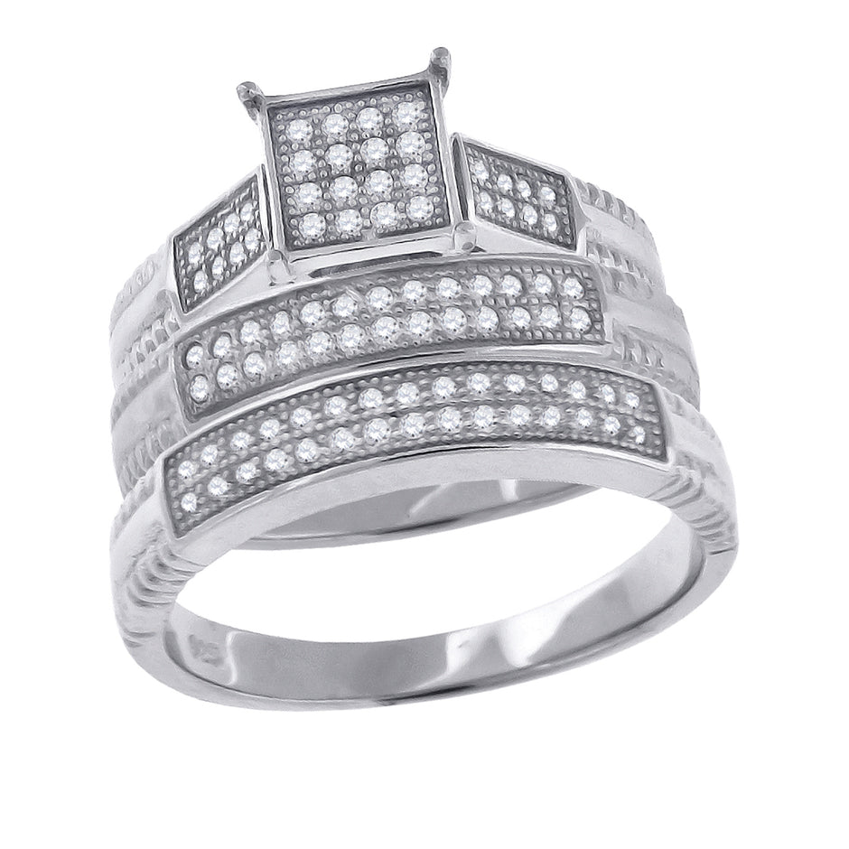 925 Sterling Silver His & Hers Cubic-Zirconia Square Head Trio Ring Set Size 9