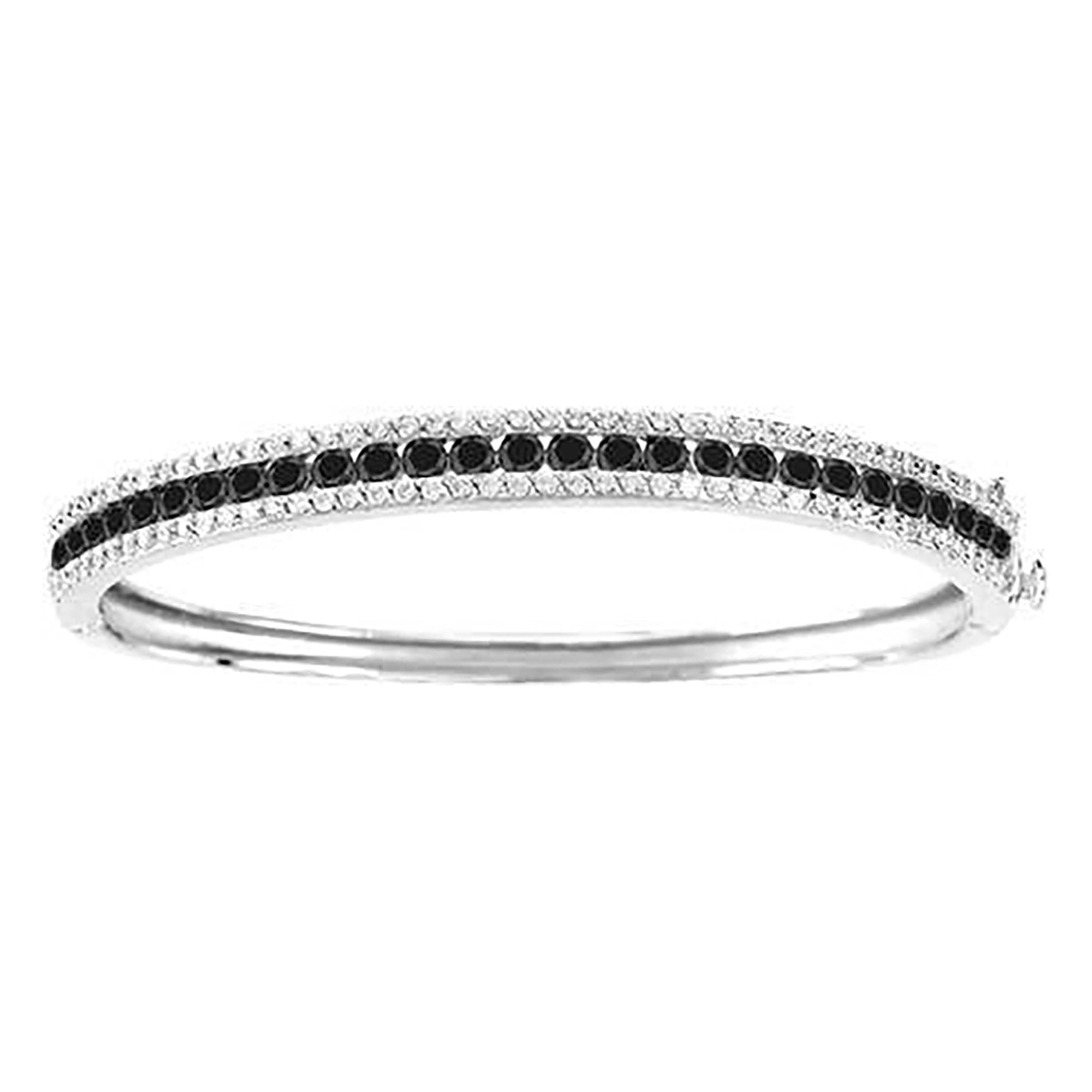 925 Sterling Silver Womens Black & White Cubic Zirconia 3-Rows Bangle