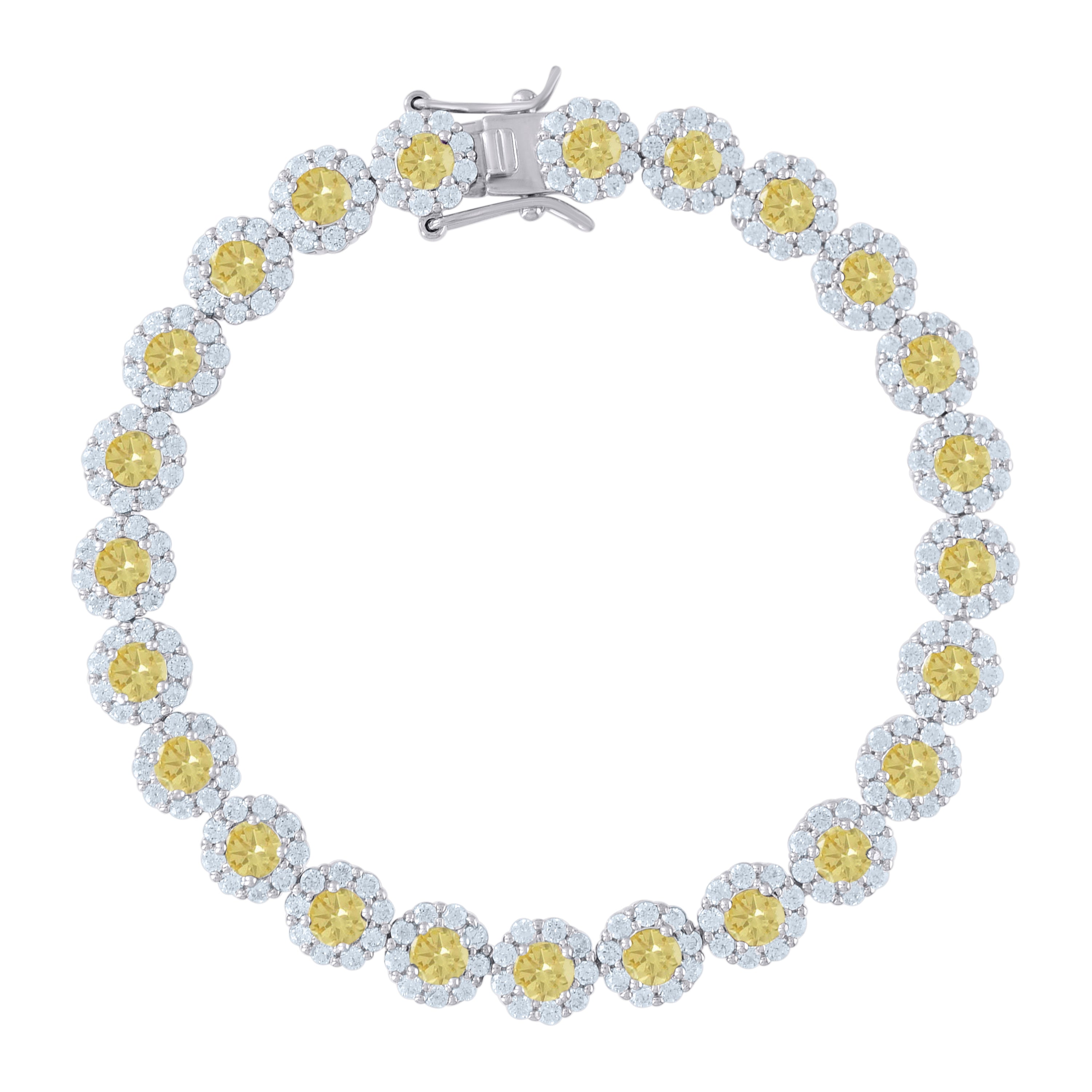 925 Sterling Silver Womens Yellow & White Cubic Zirconia Fancy Tennis Flower Bracelet Size 8 Inches