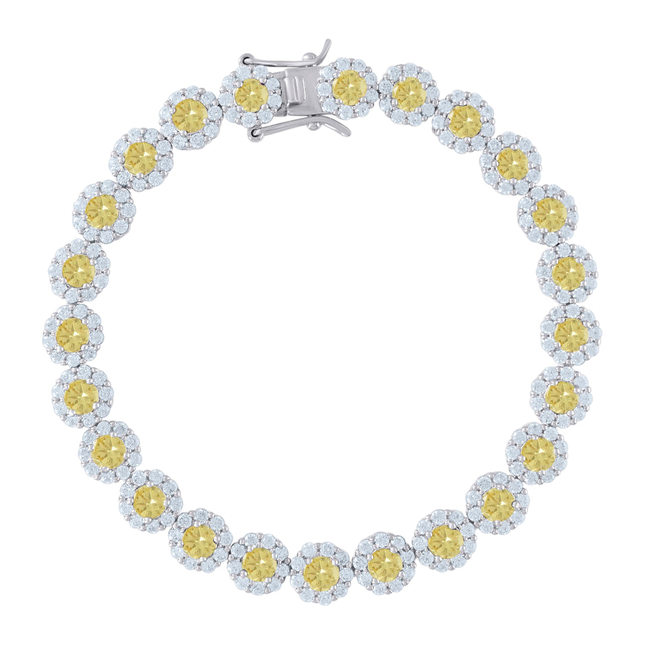 925 Sterling Silver Womens Yellow & White Cubic Zirconia Fancy Tennis Flower Bracelet Size 8 Inches