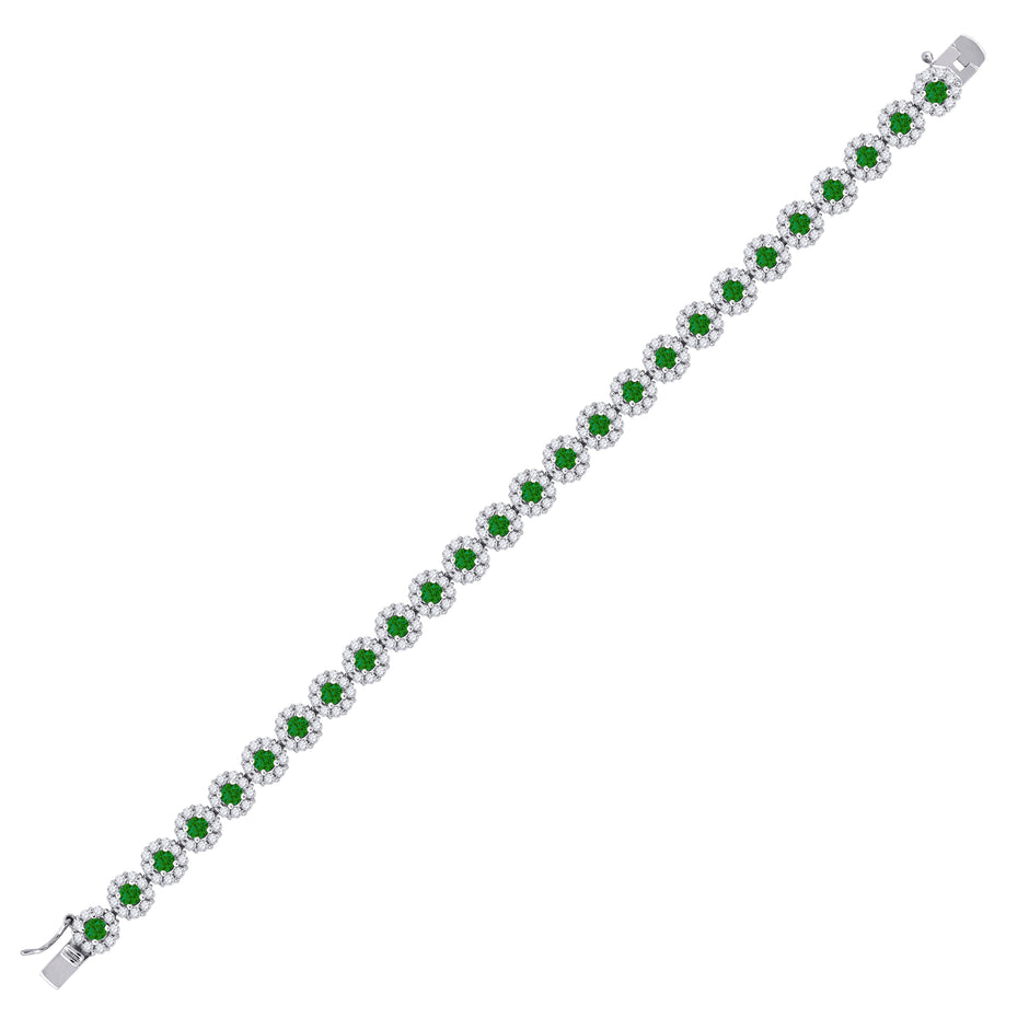 925 Sterling Silver Womens Green & White Cubic Zirconia Fancy Tennis Flower Bracelet Size 8 Inches