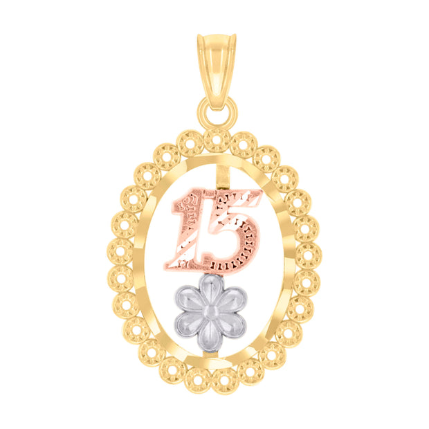 10kt Gold Tri-Color Womens 15 Anos Quinceanera Charm Pendant