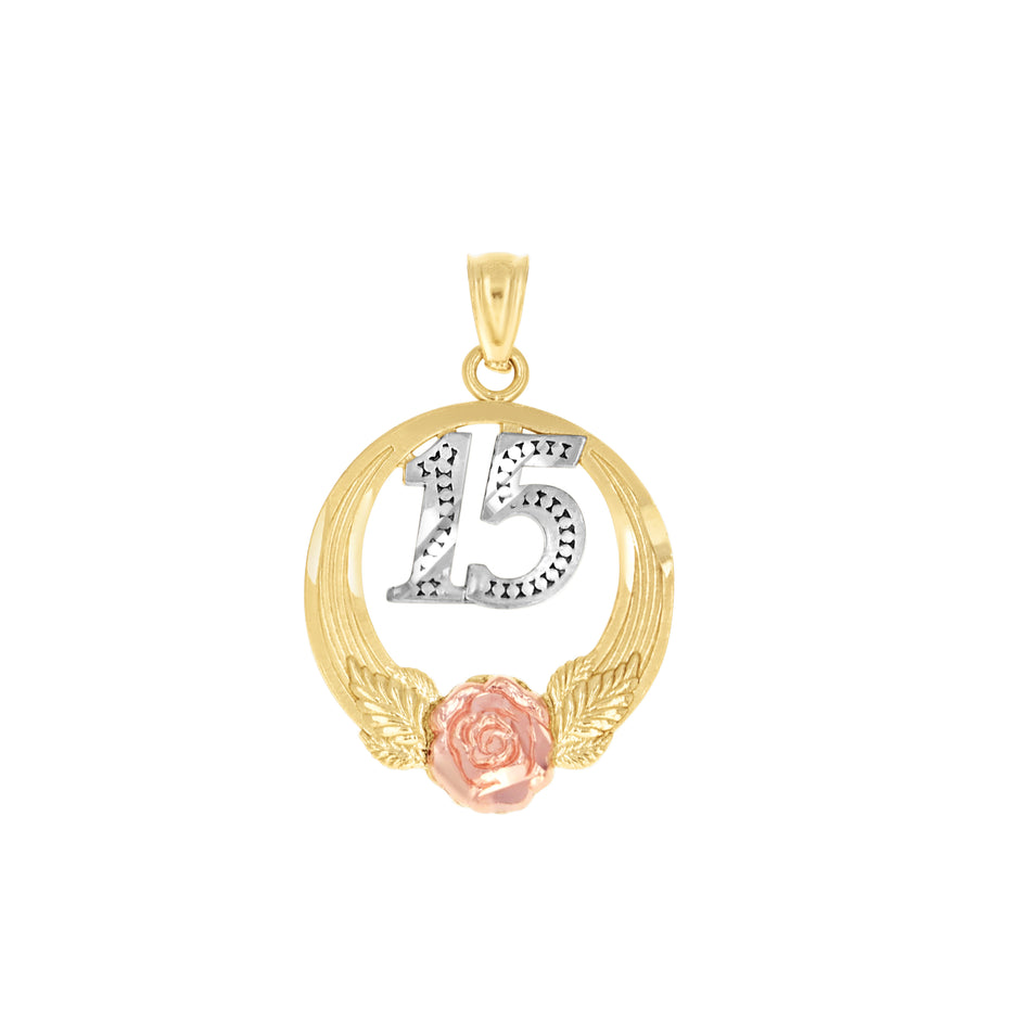 10kt Tri-Color Gold Unisex Diamond-Cut 15 Anos Flower Charm Pendant