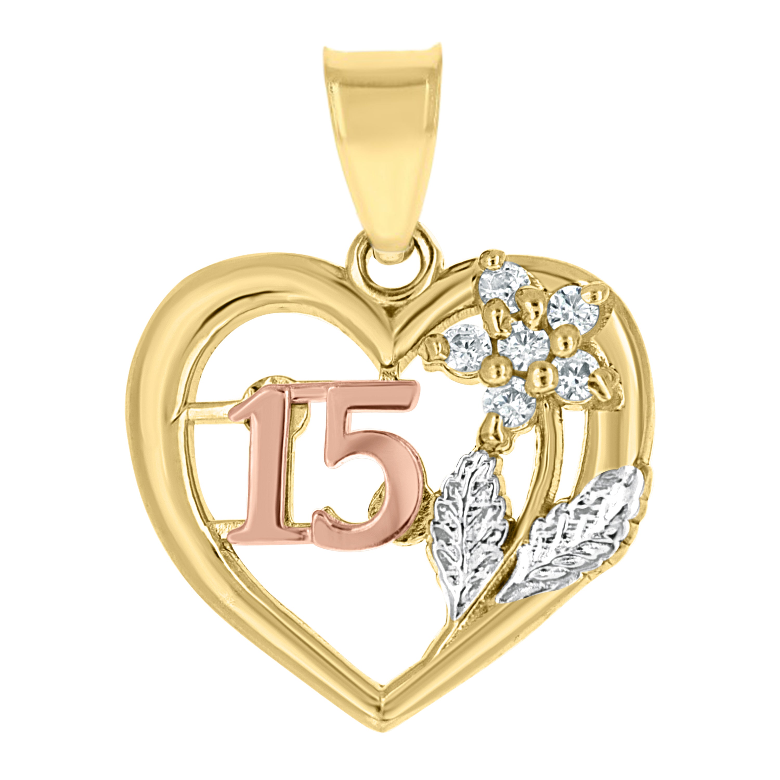 10kt Gold Tri-Color Cubic-Zirconia Womens 15 Anos Heart Charm Pendant