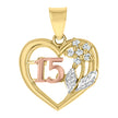 10kt Gold Tri-Color Cubic-Zirconia Womens 15 Anos Heart Charm Pendant