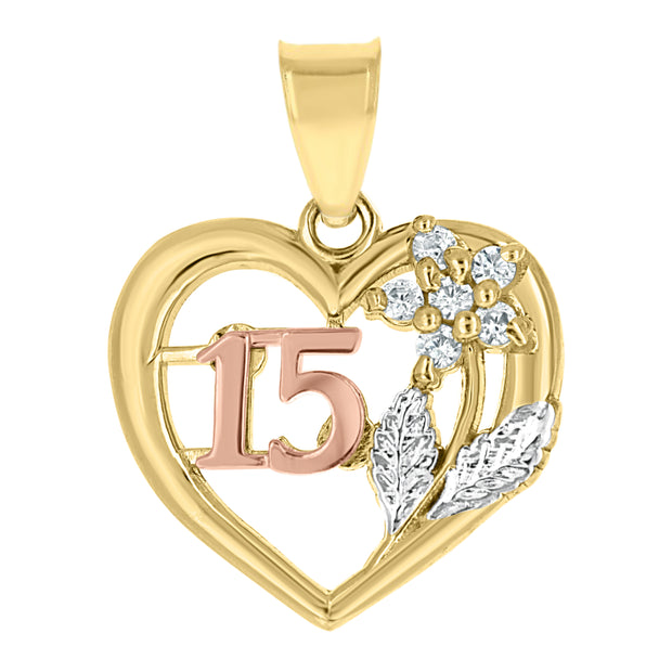 10kt Gold Tri-Color Cubic-Zirconia Womens 15 Anos Heart Charm Pendant