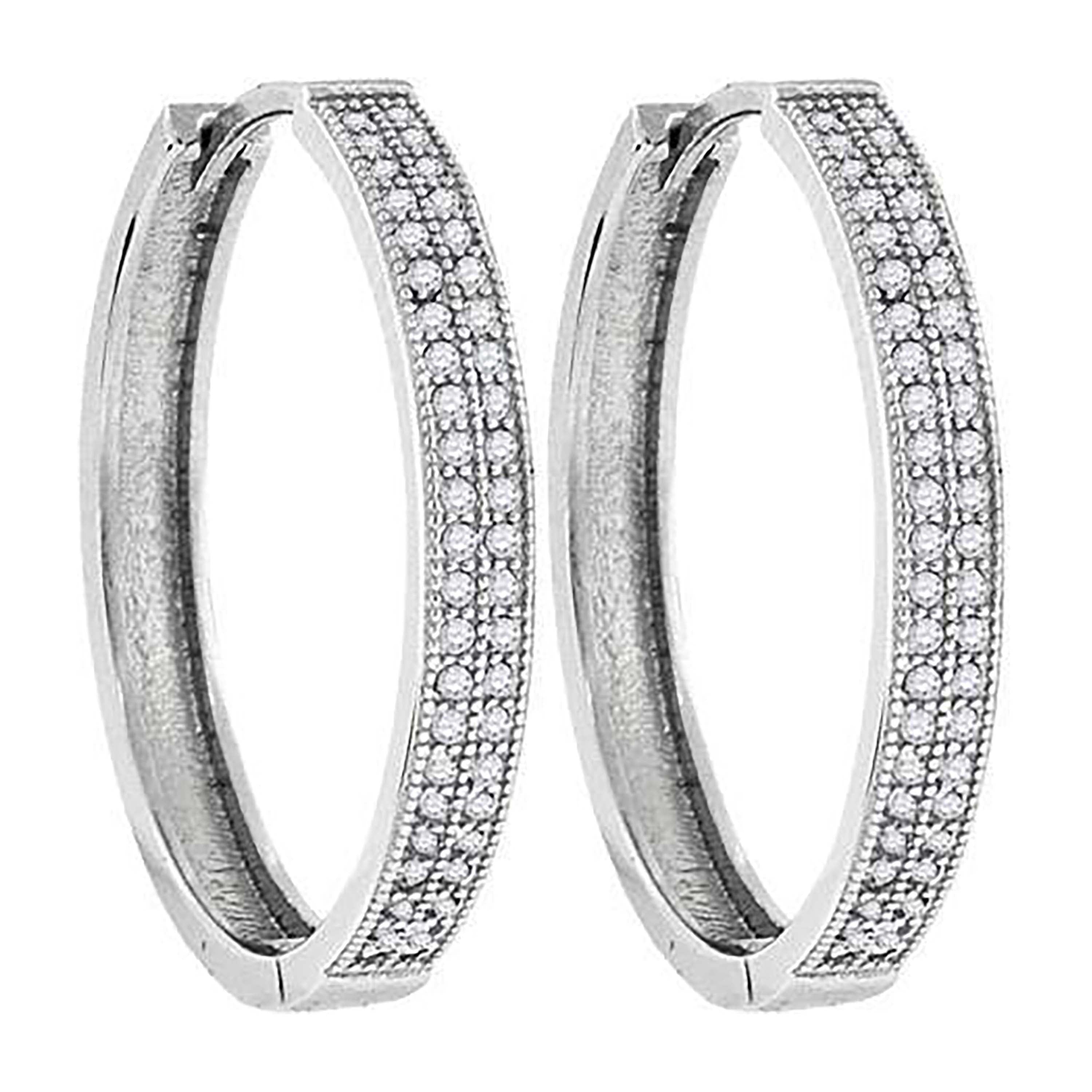 925 Sterling Silver Womens Cubic Zirconia Double Row Hoop Earrings