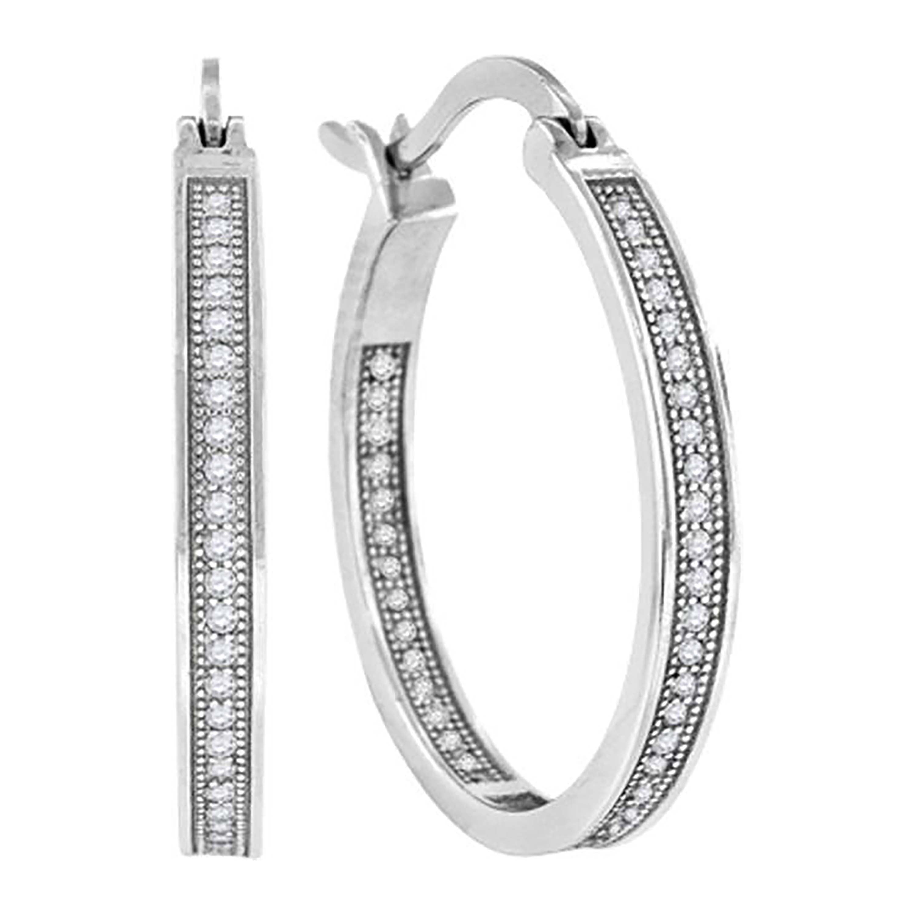 925 Sterling Silver Womens Cubic Zirconia Single Row Hoop Earrings
