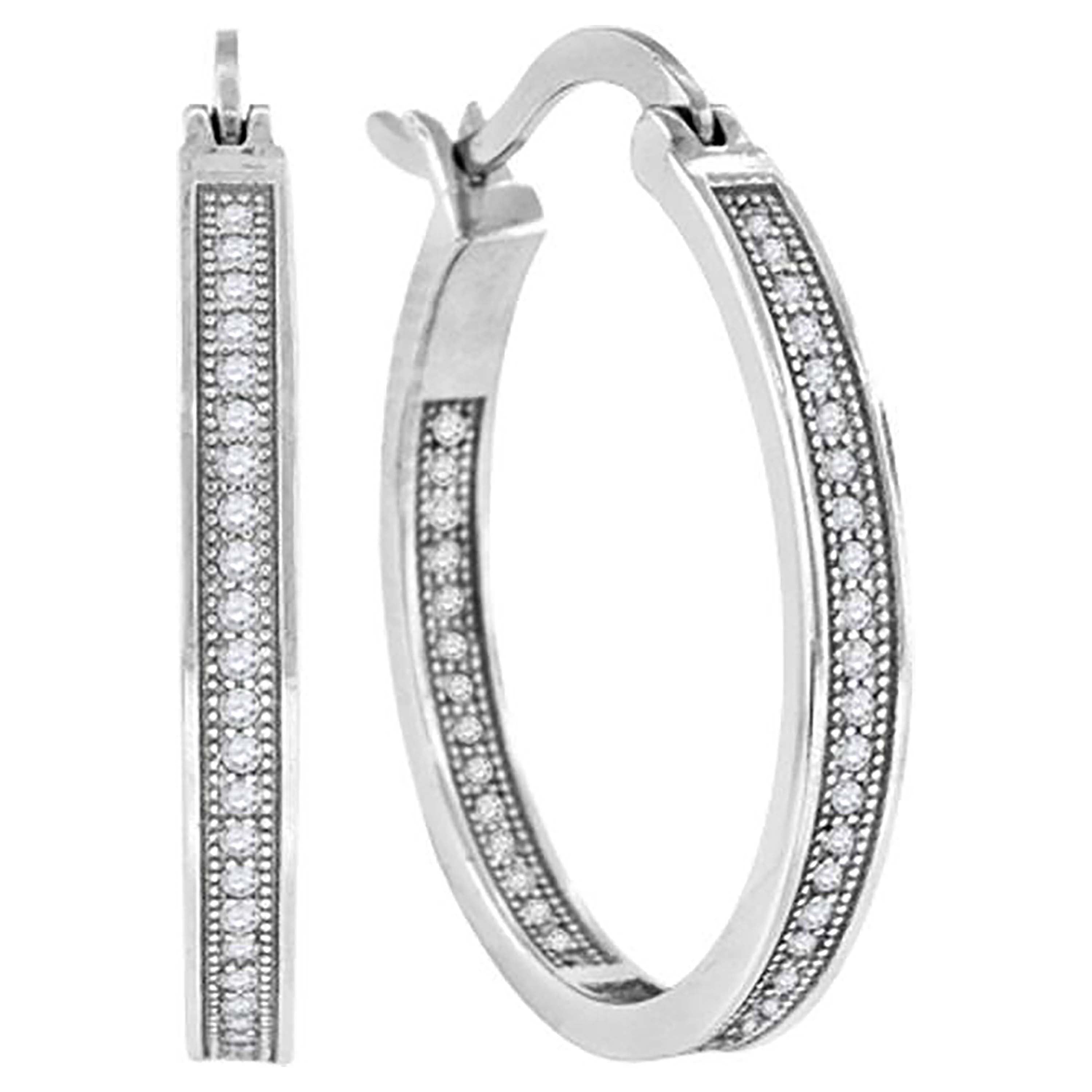 925 Sterling Silver Womens Cubic Zirconia Single Row Hoop Earrings