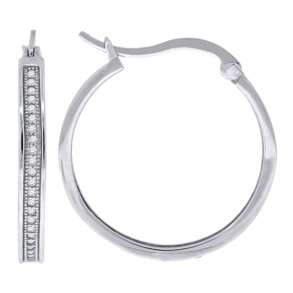 925 Sterling Silver Womens Cubic Zirconia Single Row Migraine Huggie Hoop Earrings